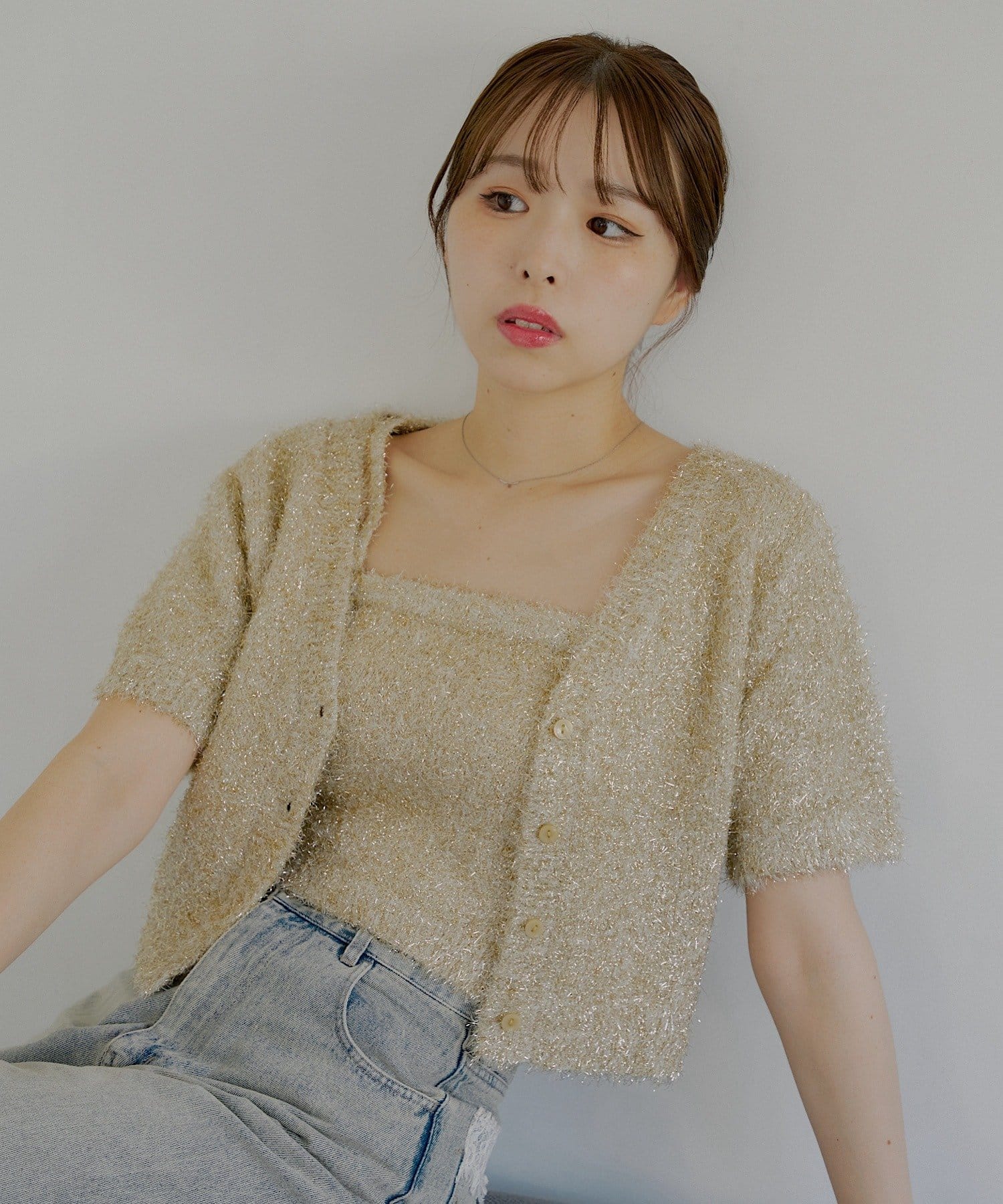 OUTLET(アウトレット) 【Chico】ラメシャギーニットカーディガン+ベアキャミセット