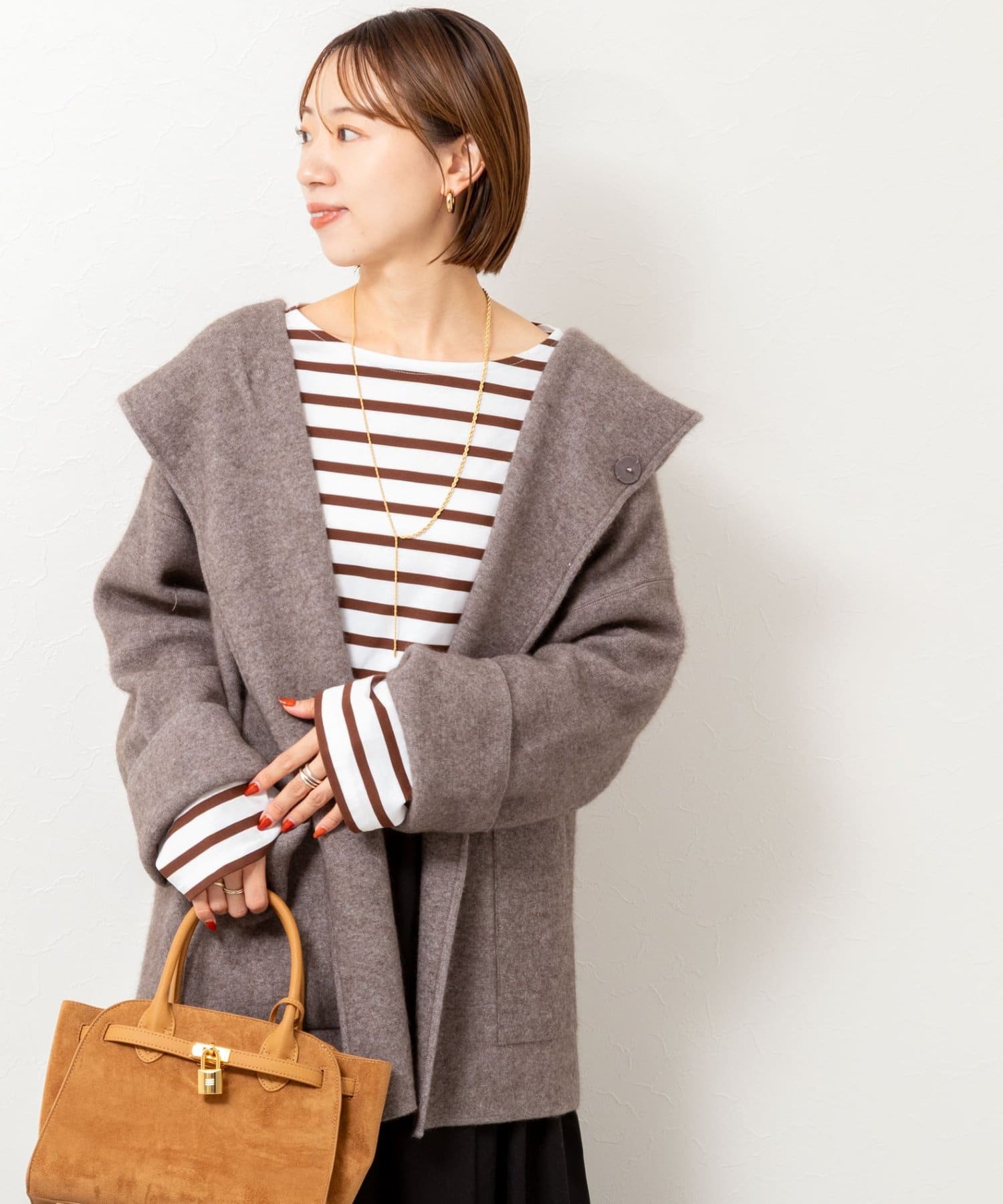 NOLLEY'S(ノーリーズ) ハーフ丈フーディー リバー風ニットコート