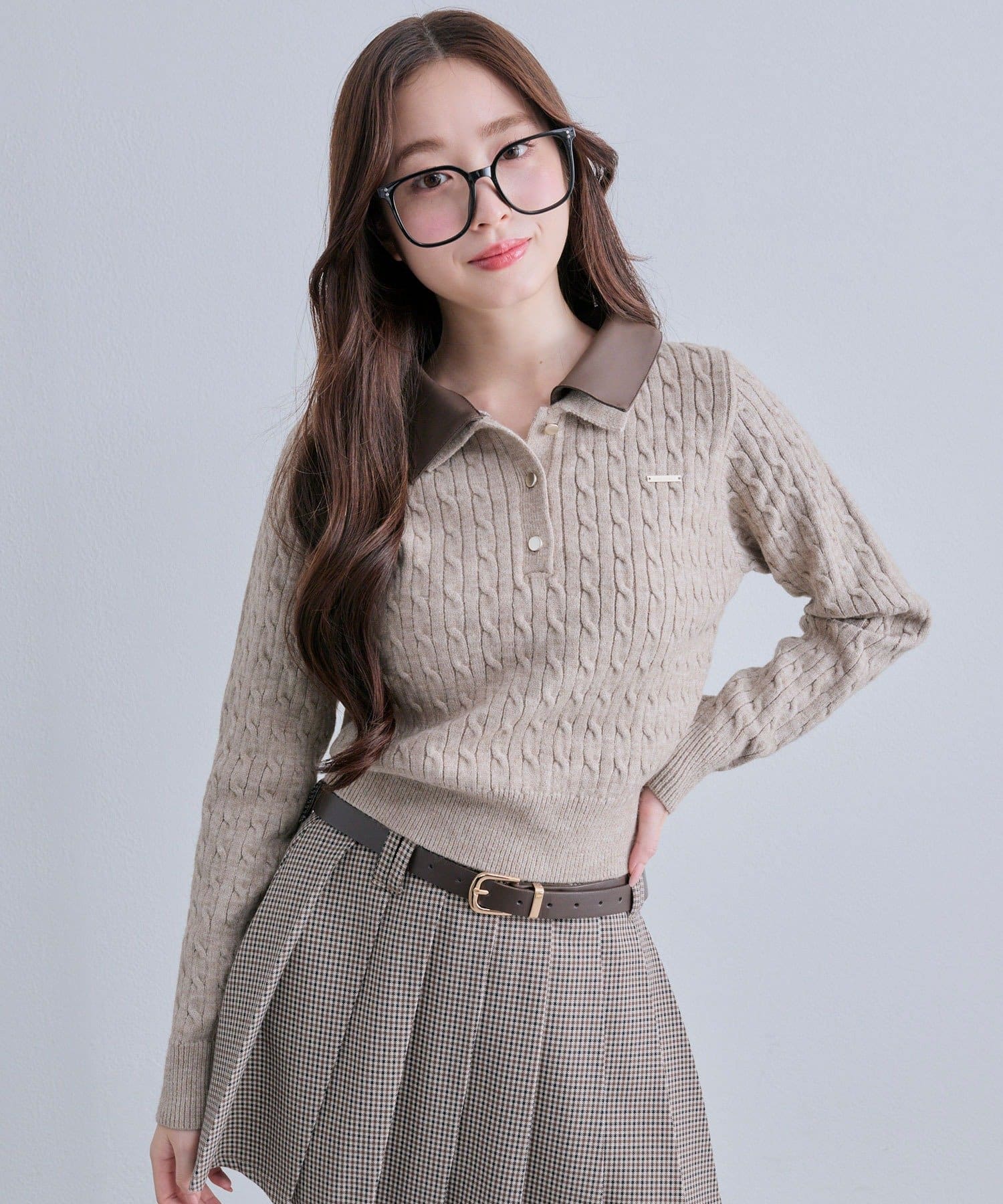 OLIVE des OLIVE(オリーブ デ オリーブ) 配色衿ケーブルニットポロニット