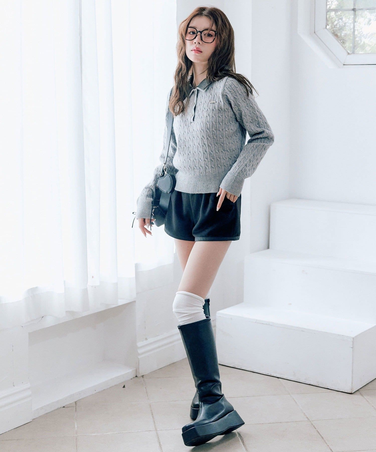 OLIVE des OLIVE(オリーブ デ オリーブ) 配色衿ケーブルニットポロニット