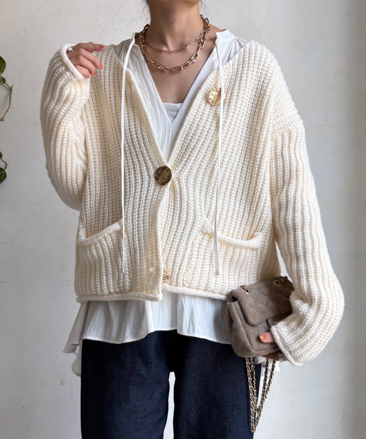 DOUDOU(ドゥドゥ) メタルビッグボタンローゲージカーディガン