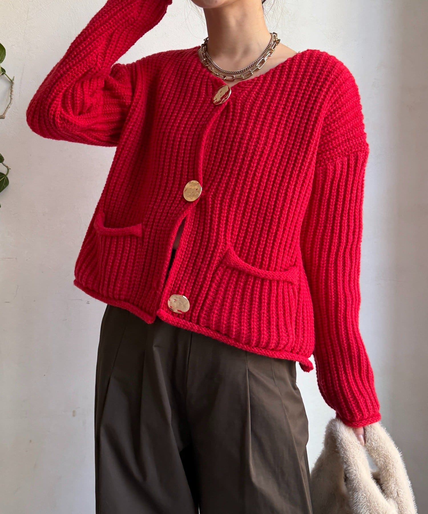 DOUDOU(ドゥドゥ) メタルビッグボタンローゲージカーディガン