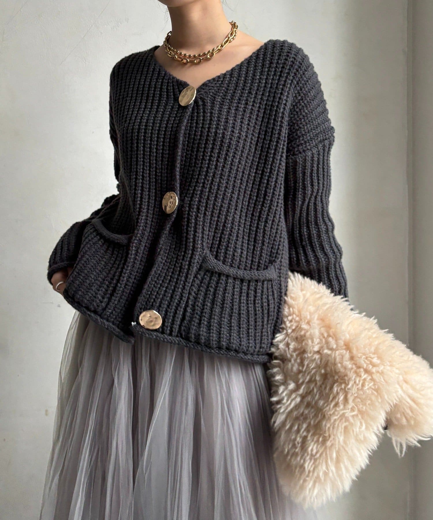 DOUDOU(ドゥドゥ) メタルビッグボタンローゲージカーディガン