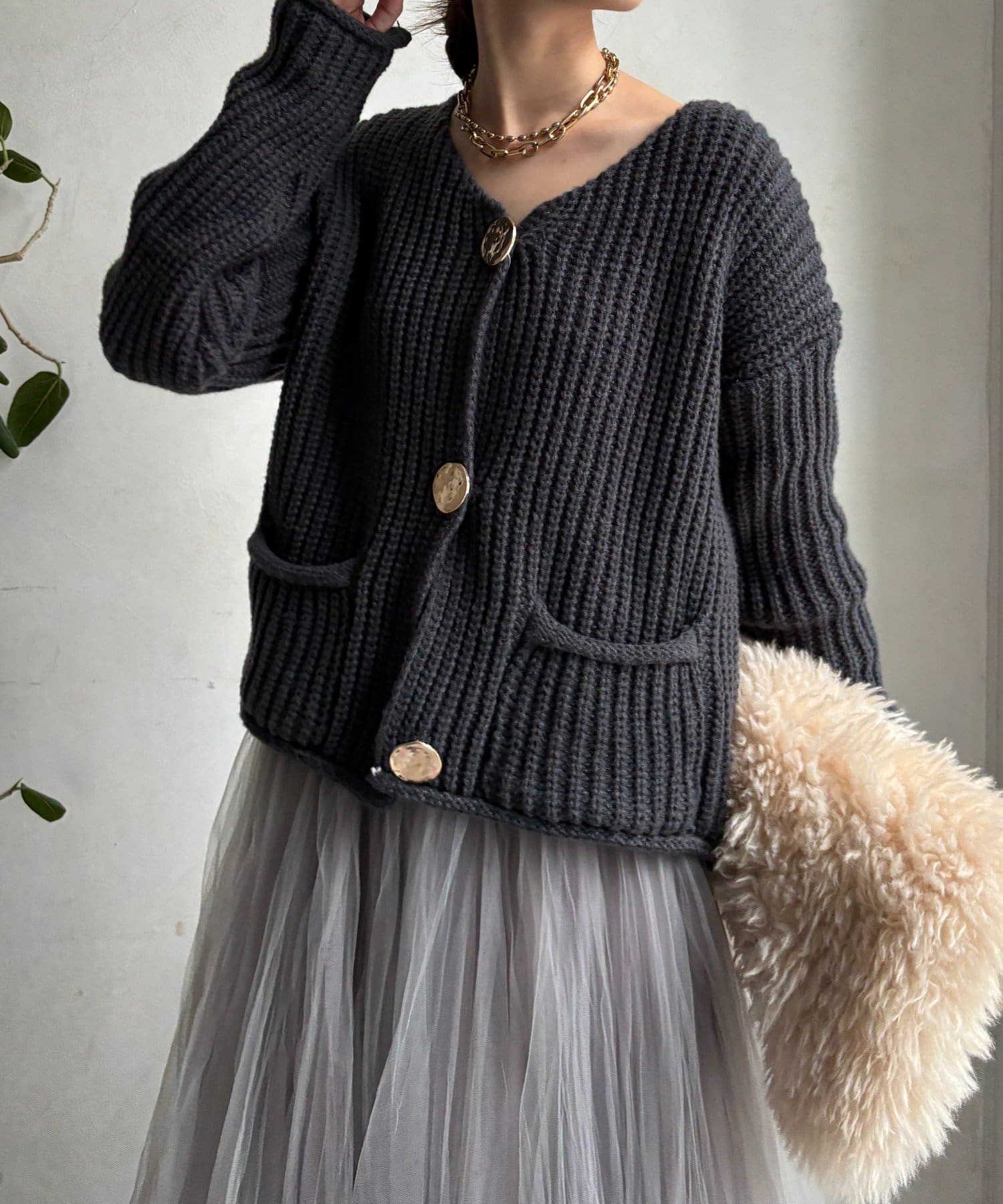 DOUDOU(ドゥドゥ) メタルビッグボタンローゲージカーディガン