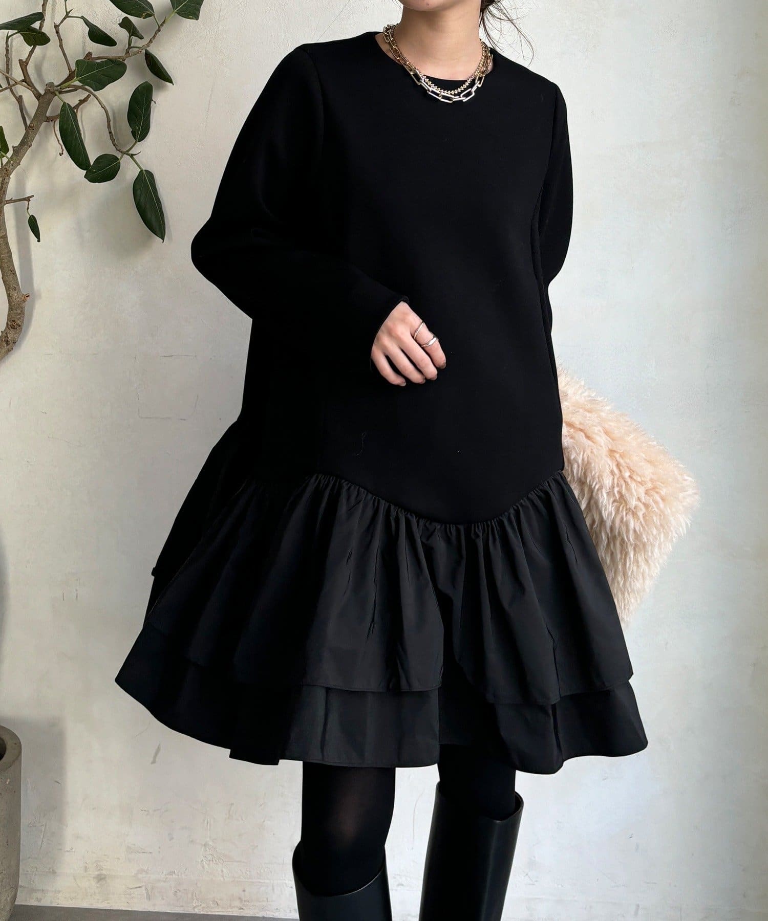 DOUDOU(ドゥドゥ) 裾フリル異素材切替ミニワンピース