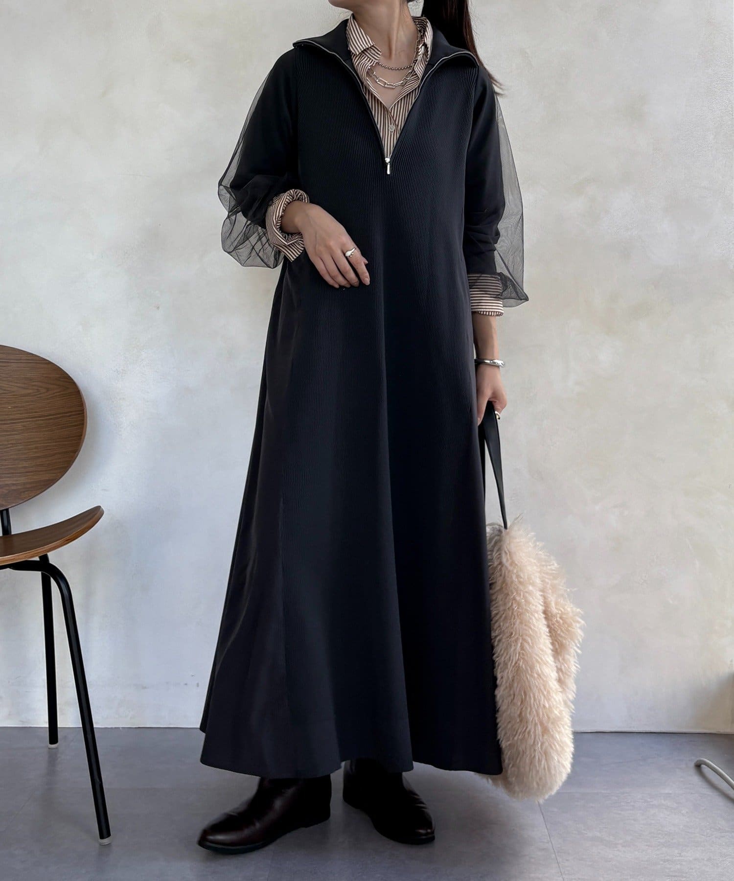 DOUDOU(ドゥドゥ) 【WEB限定】袖チュールハーフジップワンピース