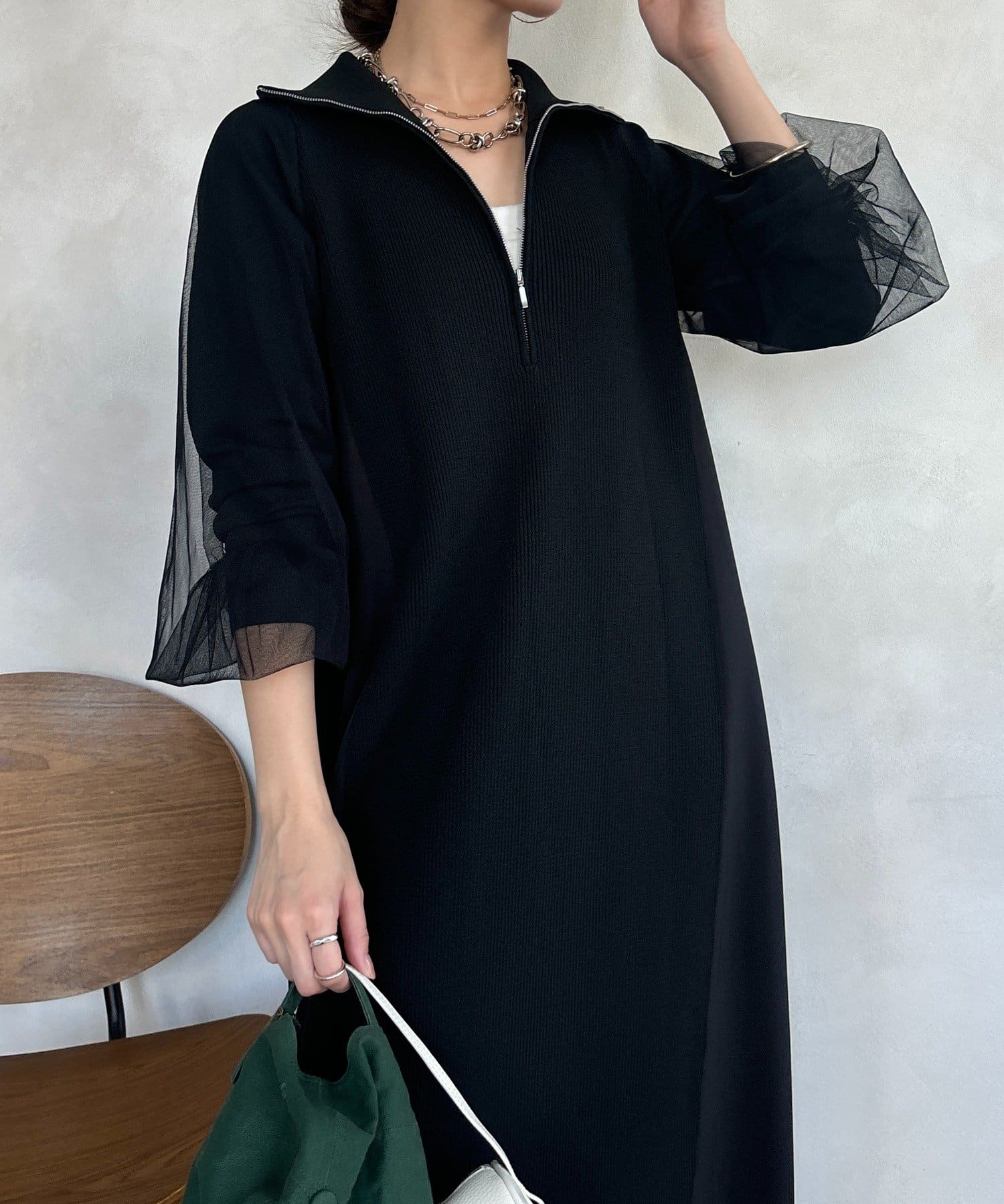 DOUDOU(ドゥドゥ) 【WEB限定】袖チュールハーフジップワンピース