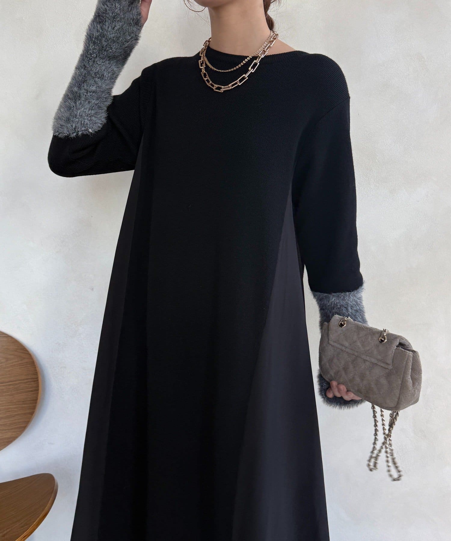 DOUDOU(ドゥドゥ) 【WEB限定】袖シャギー布帛切替ワンピース