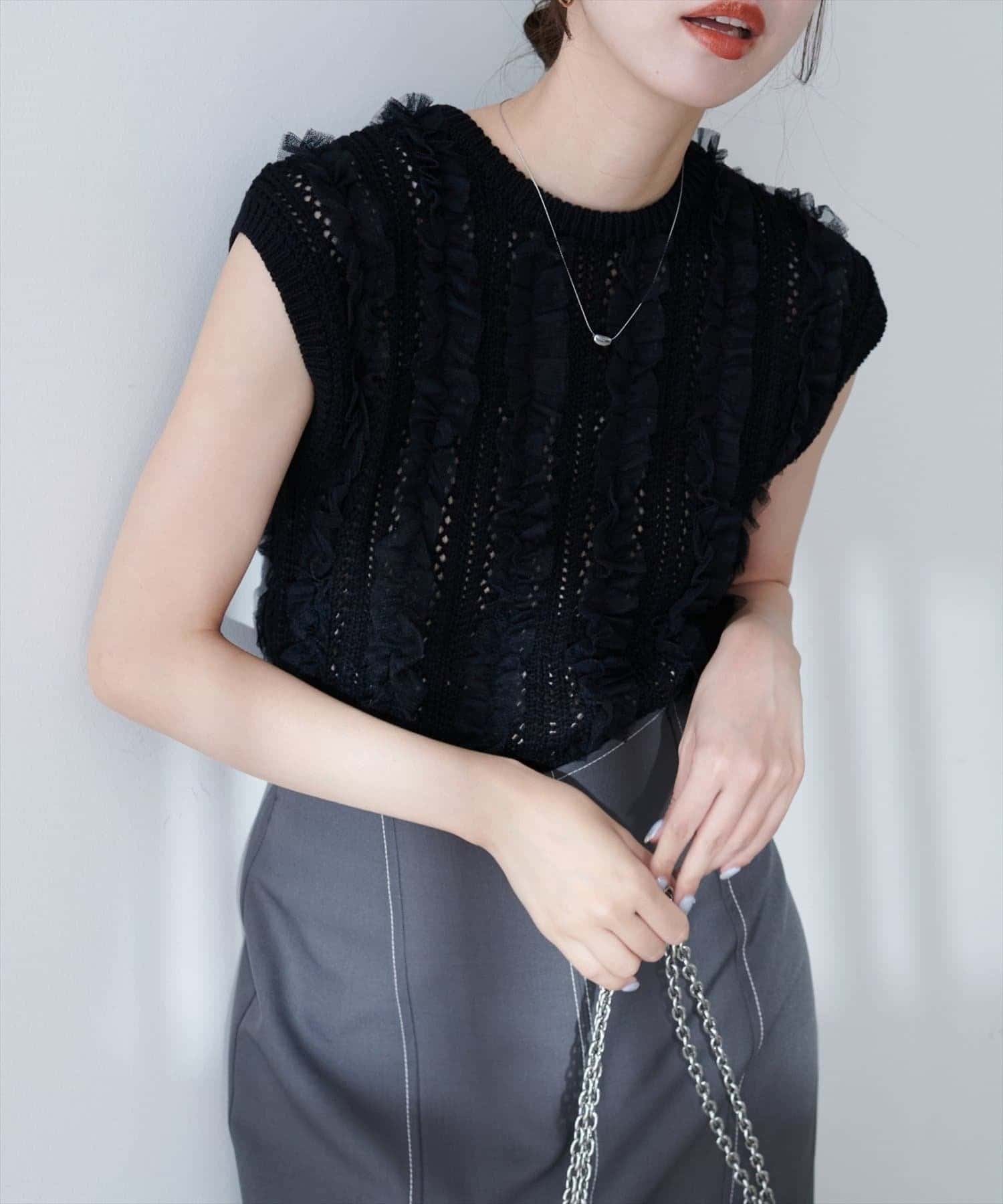 NICE CLAUP / OLIVE des OLIVE OUTLET(ナイスクラップ  / オリーブ デ オリーブ アウトレット) 【natural couture】透かし柄×チュールノースリＫＴ