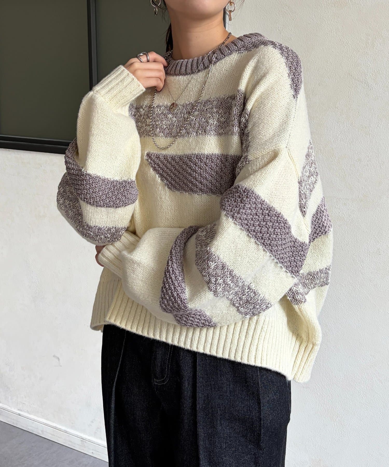 Chez toi(シェトワ) 柄見えボーダーニット