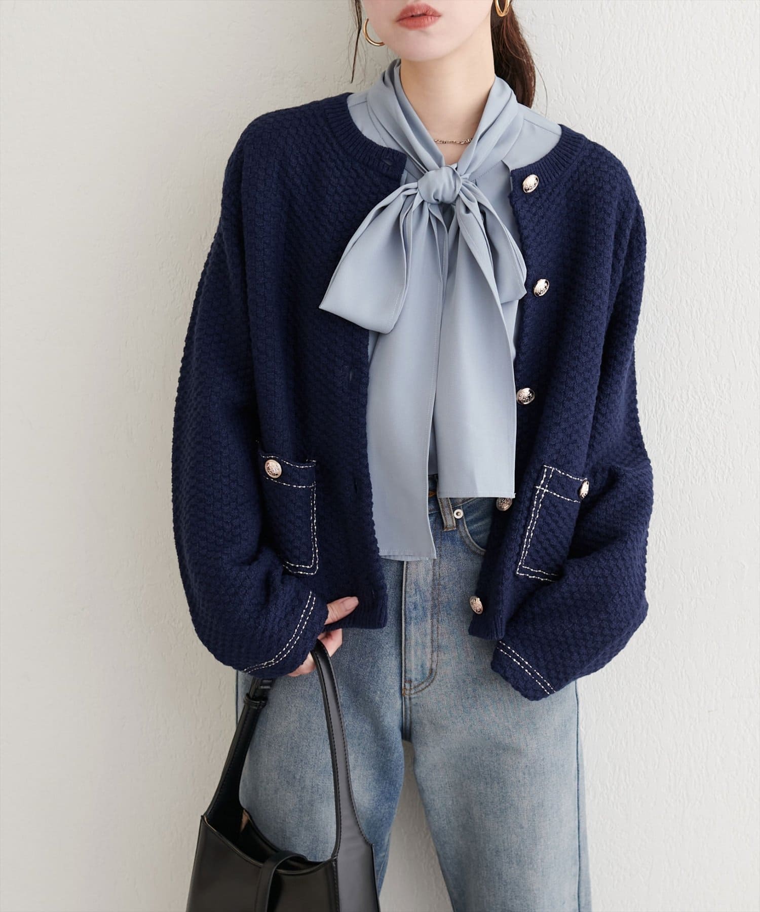 natural couture(ナチュラルクチュール) 配色ステッチ入りニットジャケット