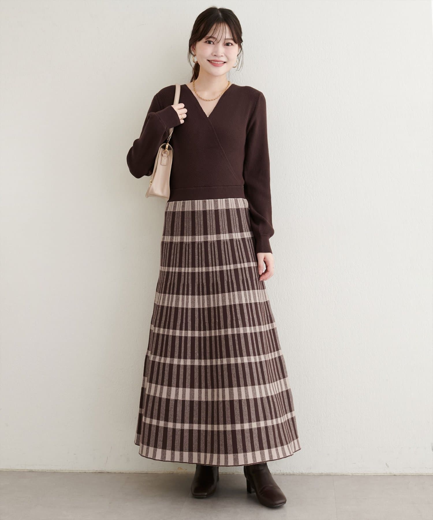 natural couture(ナチュラルクチュール) 【WEB限定】カシュクールチェックニットワンピース