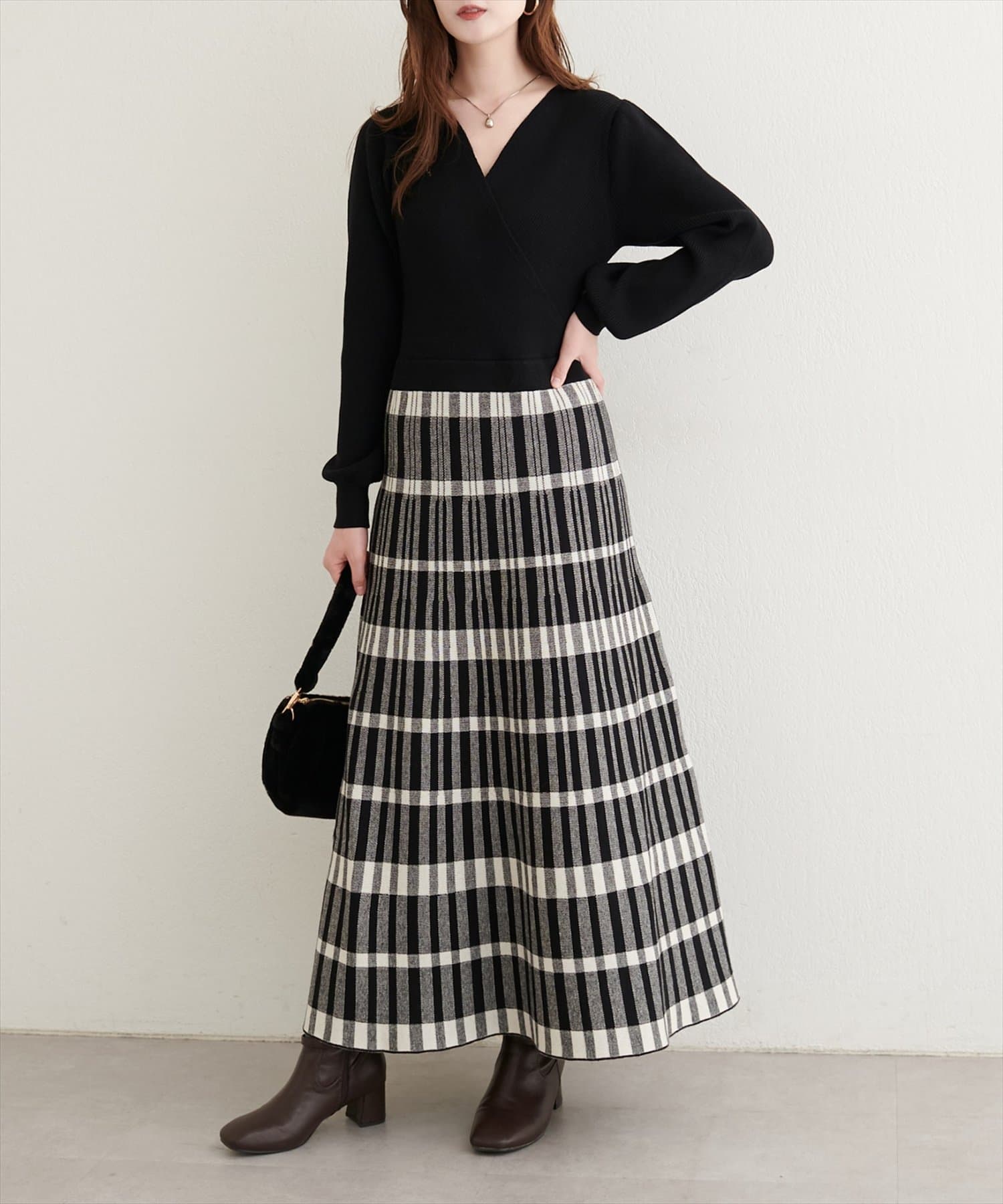 natural couture(ナチュラルクチュール) 【WEB限定】カシュクールチェックニットワンピース