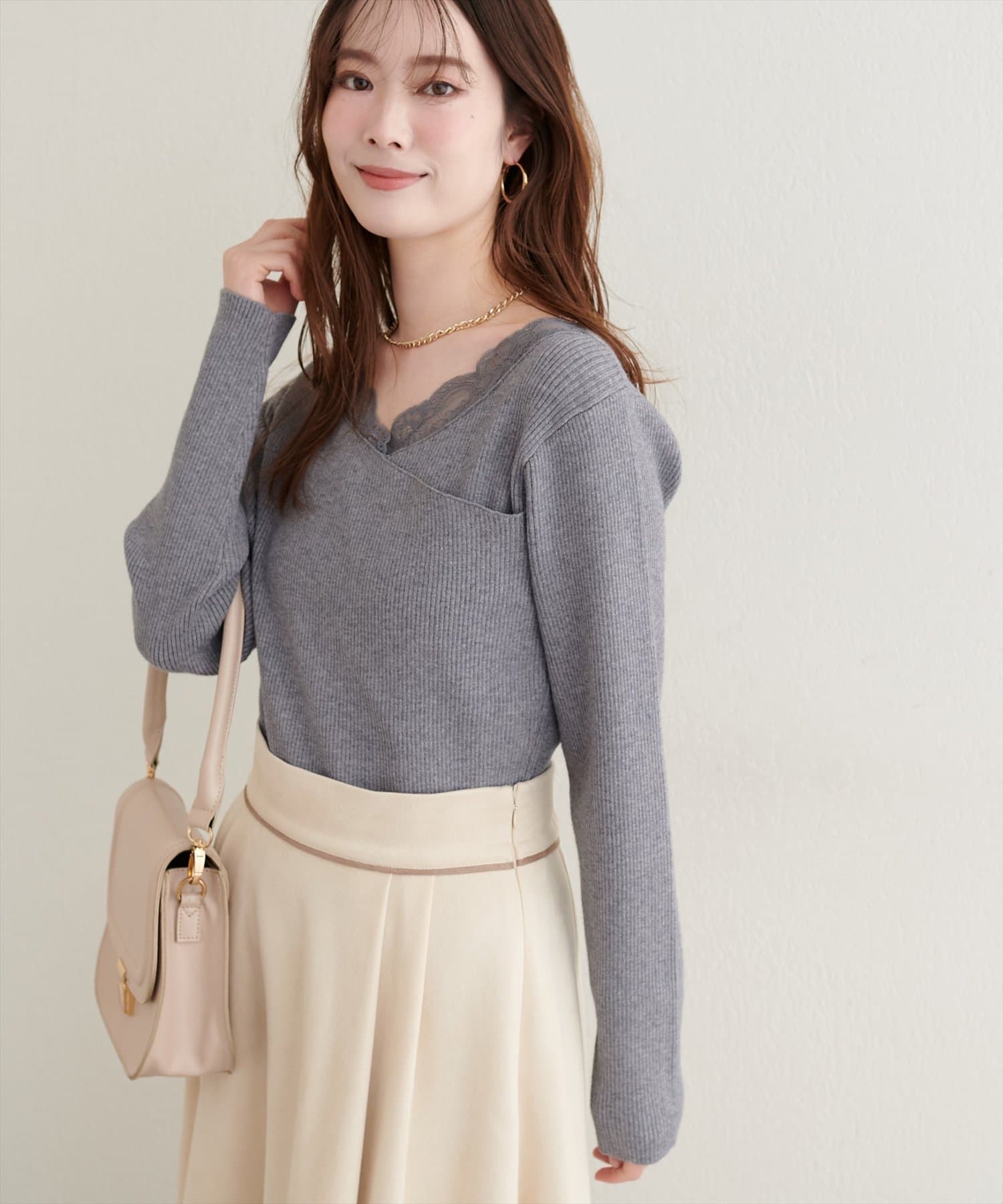 natural couture(ナチュラルクチュール) アシメレースネックリブニットプルオーバー