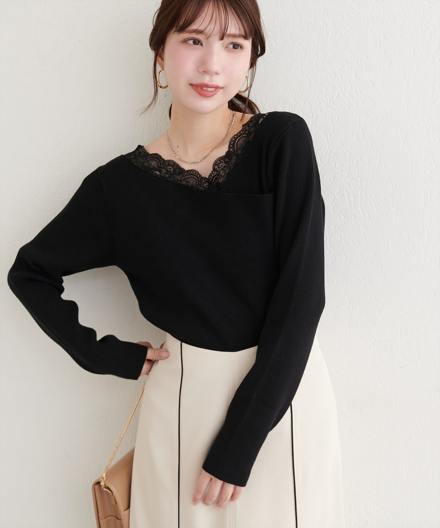natural couture(ナチュラルクチュール) アシメレースネックリブニットプルオーバー