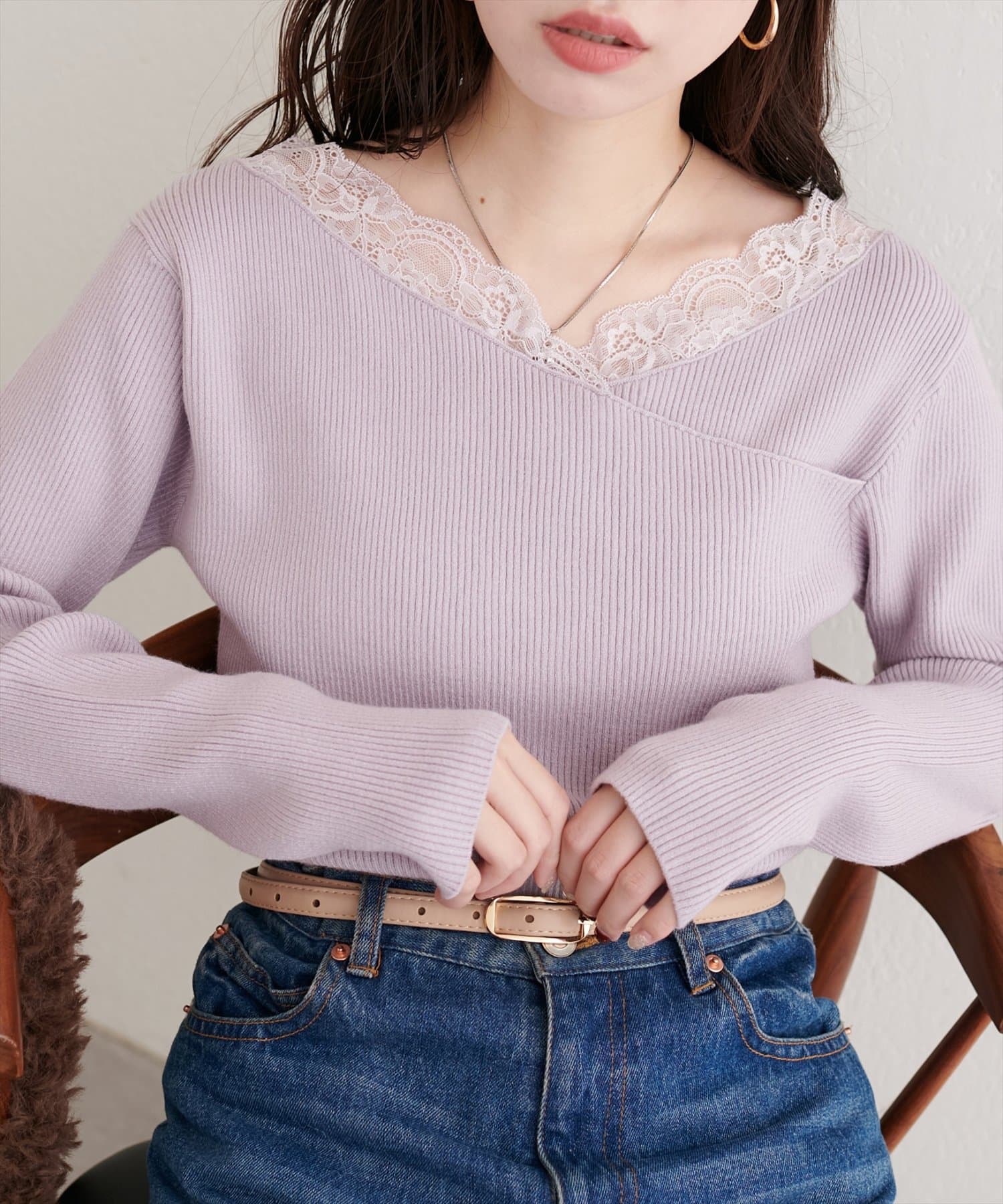 natural couture(ナチュラルクチュール) アシメレースネックリブニットプルオーバー