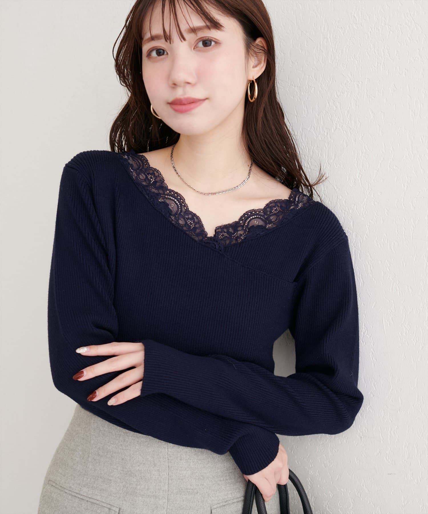 natural couture(ナチュラルクチュール) アシメレースネックリブニットプルオーバー