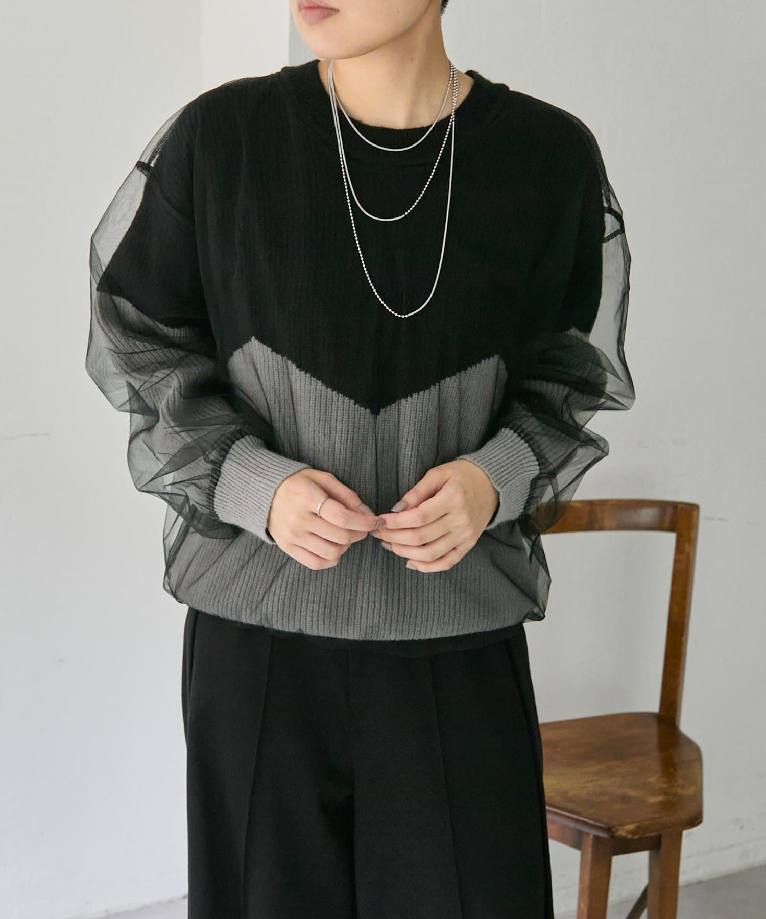 ear PAPILLONNER(イア パピヨネ) 《レイヤード風デザイン》バイカラーシアーニット【SUM1 STYLE(スミスタイル)】