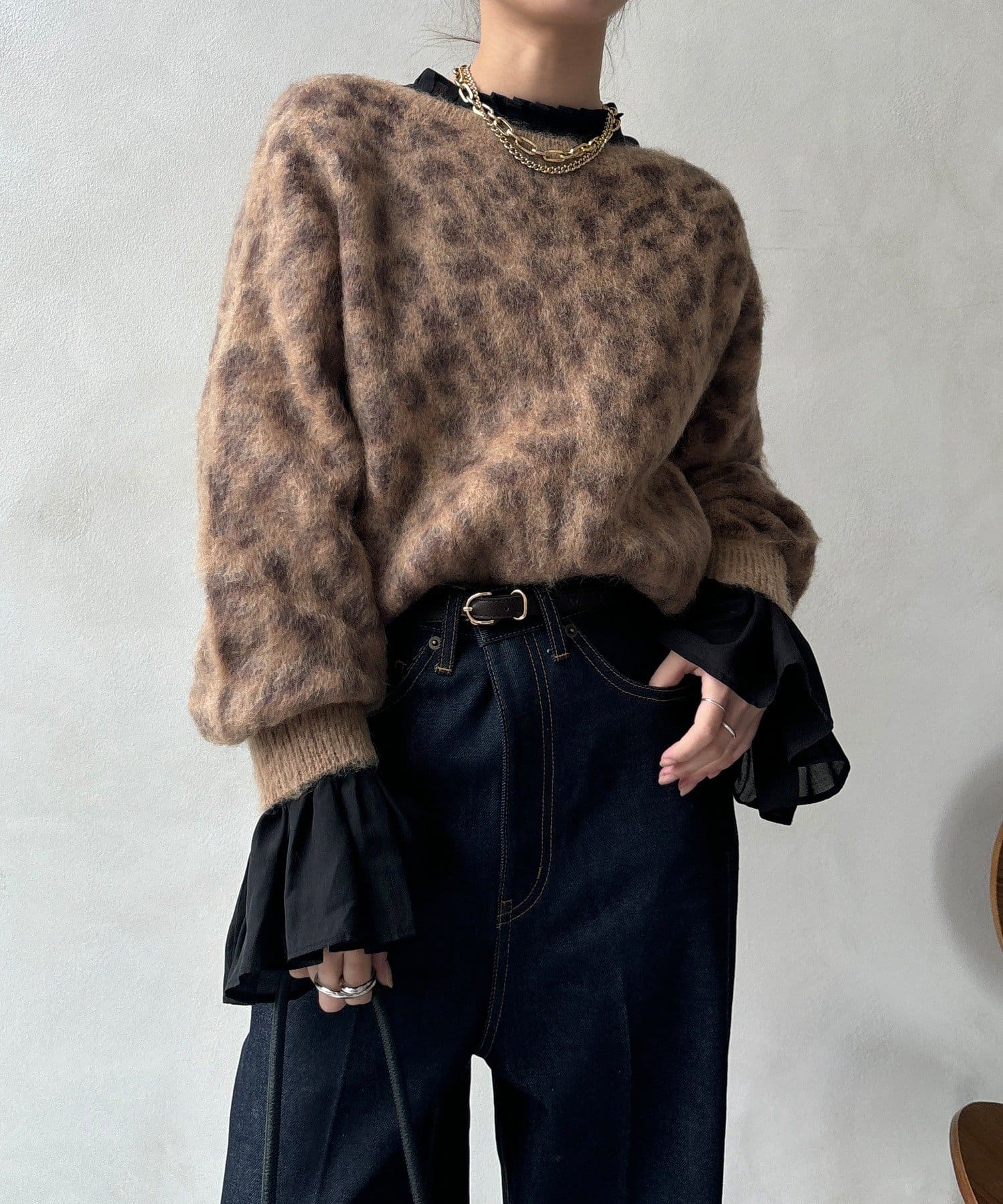 DOUDOU(ドゥドゥ) レオパード柄起毛ニット