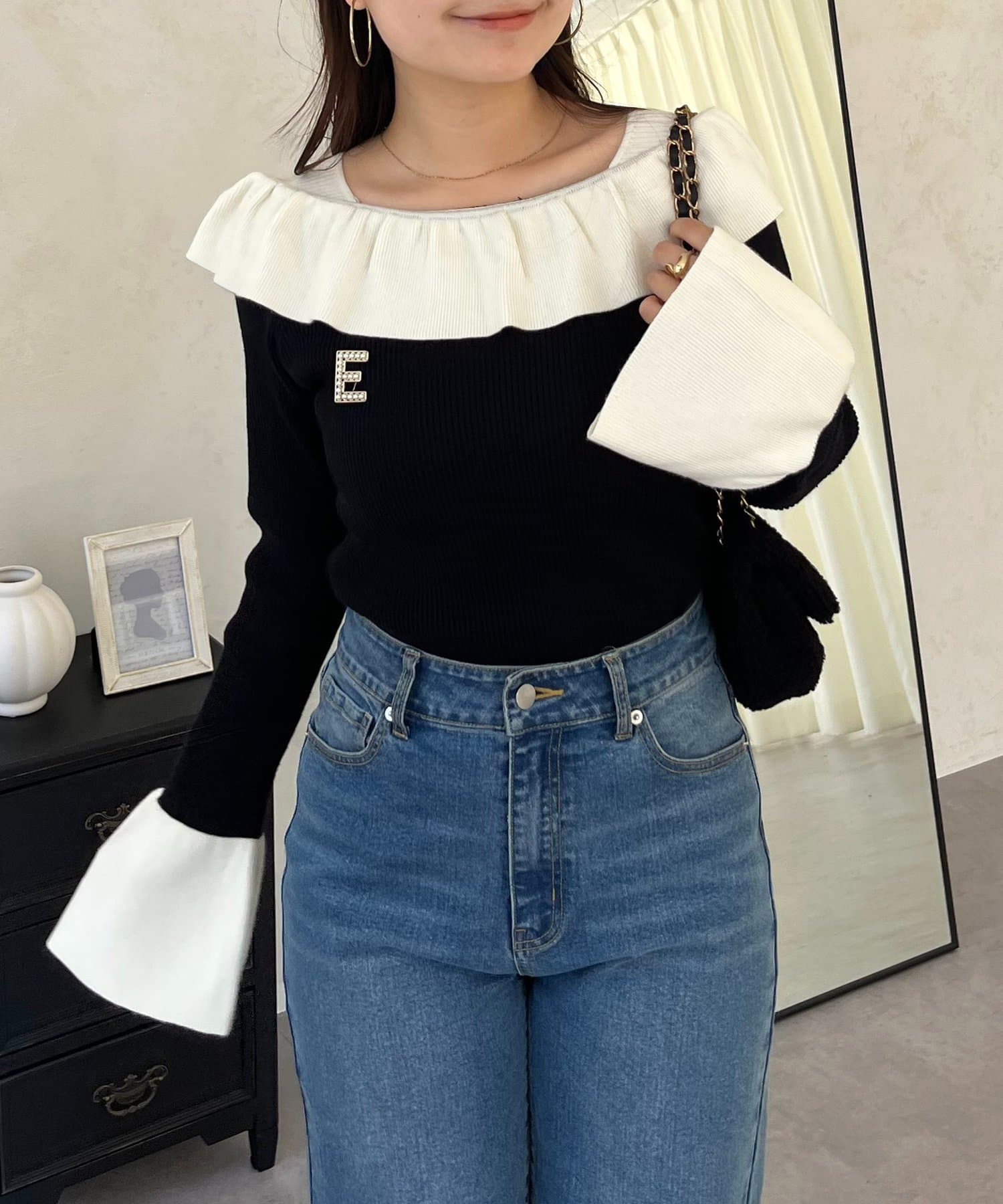 prose verse(プロズヴェール) オフショルライクフリルリブニット