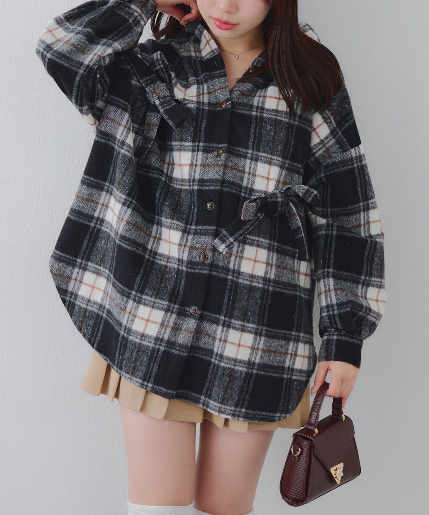 NICE CLAUP / OLIVE des OLIVE OUTLET(ナイスクラップ  / オリーブ デ オリーブ アウトレット) 【RMAF】リボン付チェックフードシャツ