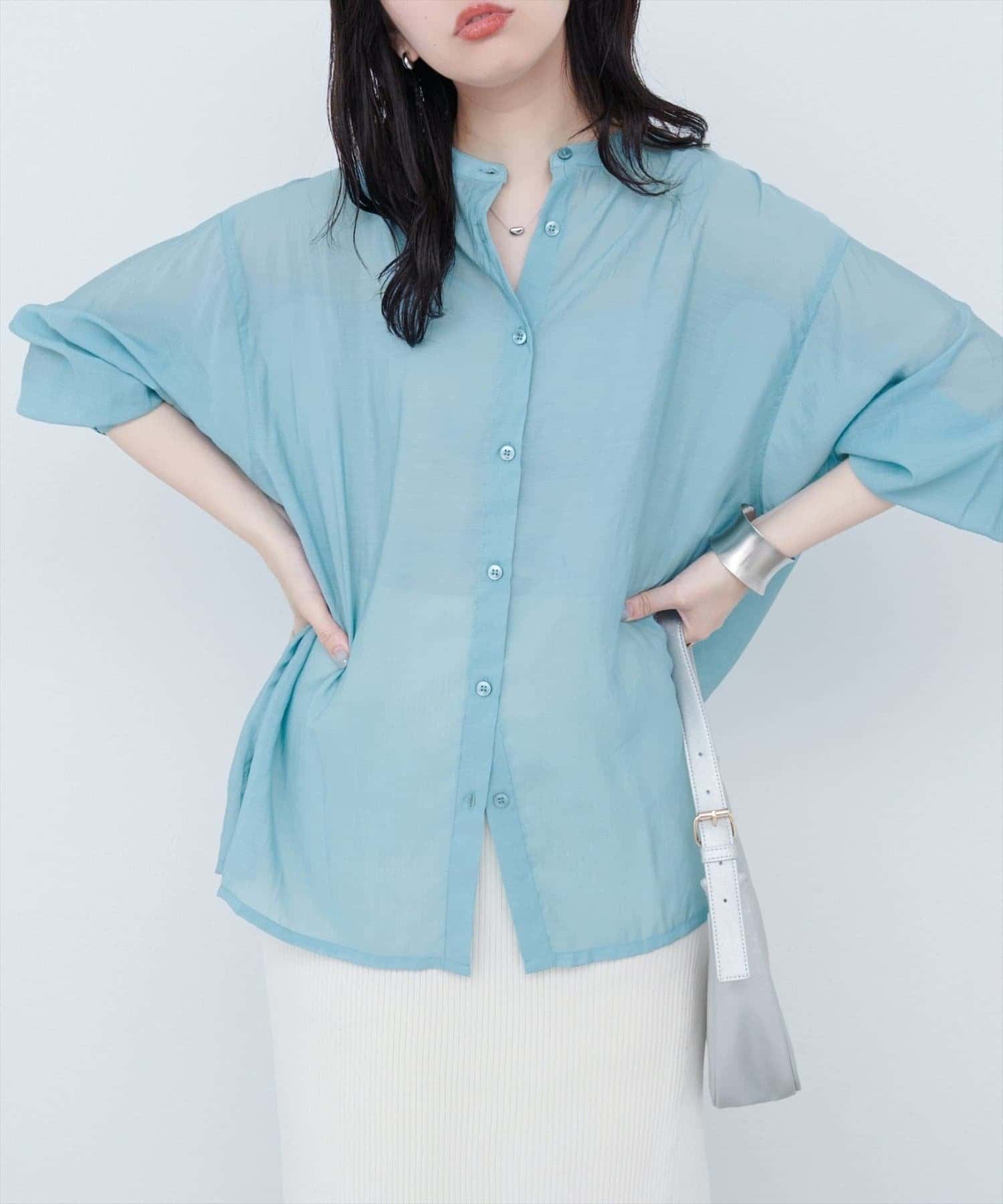 NICE CLAUP / OLIVE des OLIVE OUTLET(ナイスクラップ  / オリーブ デ オリーブ アウトレット) 【natural couture】バンドカラーサイドスリットシアーシャツ