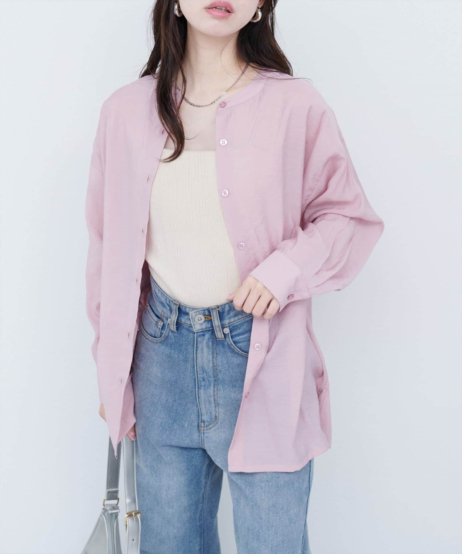 NICE CLAUP / OLIVE des OLIVE OUTLET(ナイスクラップ  / オリーブ デ オリーブ アウトレット) 【natural couture】バンドカラーサイドスリットシアーシャツ