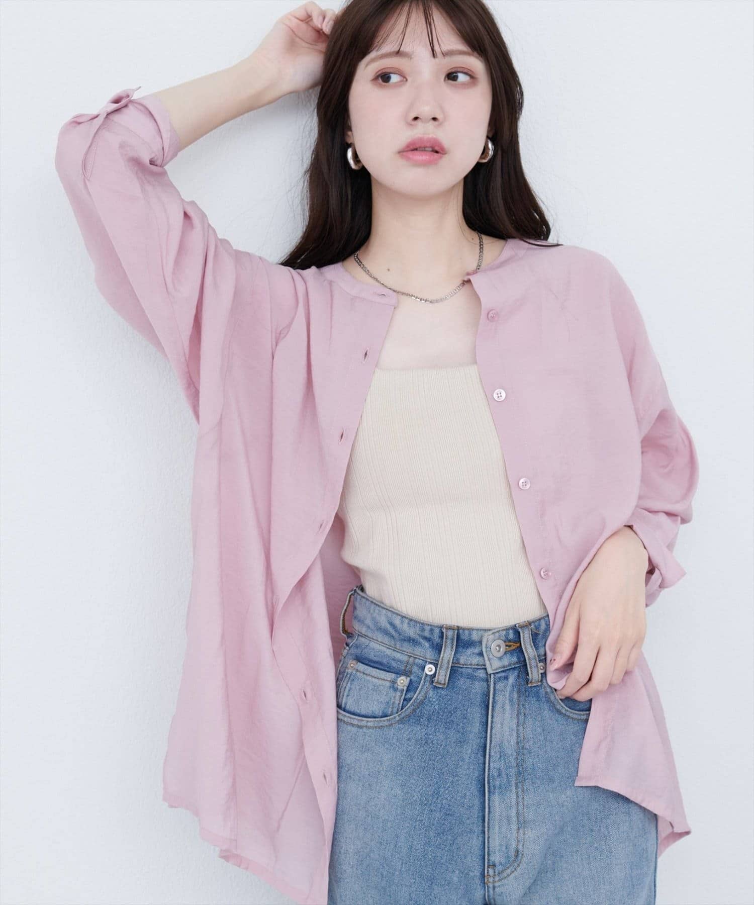 NICE CLAUP / OLIVE des OLIVE OUTLET(ナイスクラップ  / オリーブ デ オリーブ アウトレット) 【natural couture】バンドカラーサイドスリットシアーシャツ