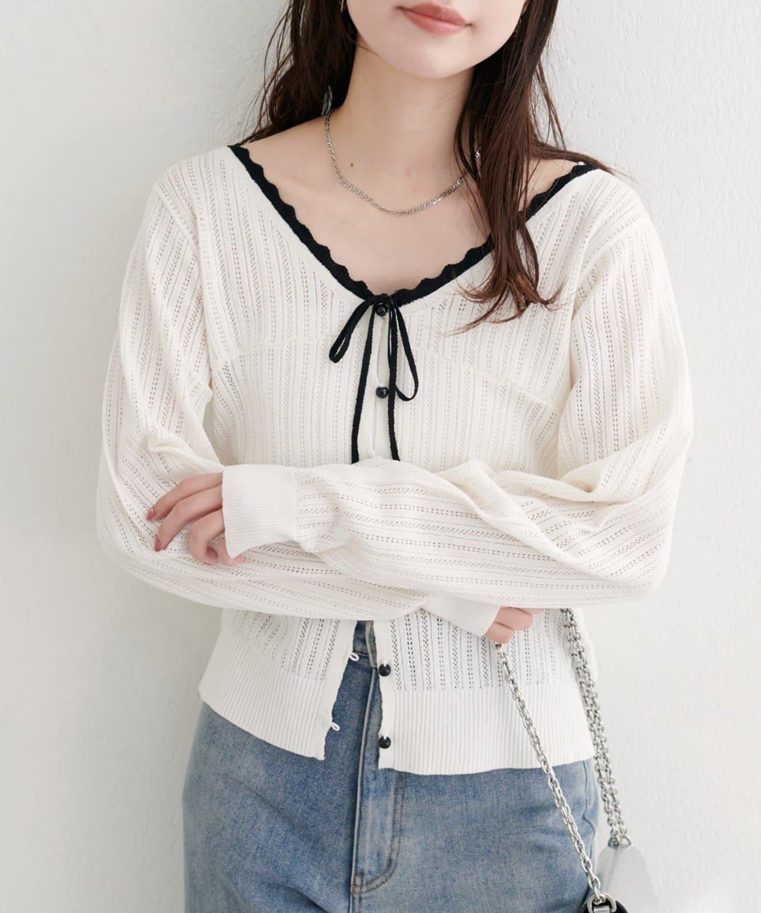 NICE CLAUP / OLIVE des OLIVE OUTLET(ナイスクラップ  / オリーブ デ オリーブ アウトレット) 【natural couture】配色リボン透かし編みカーディガン