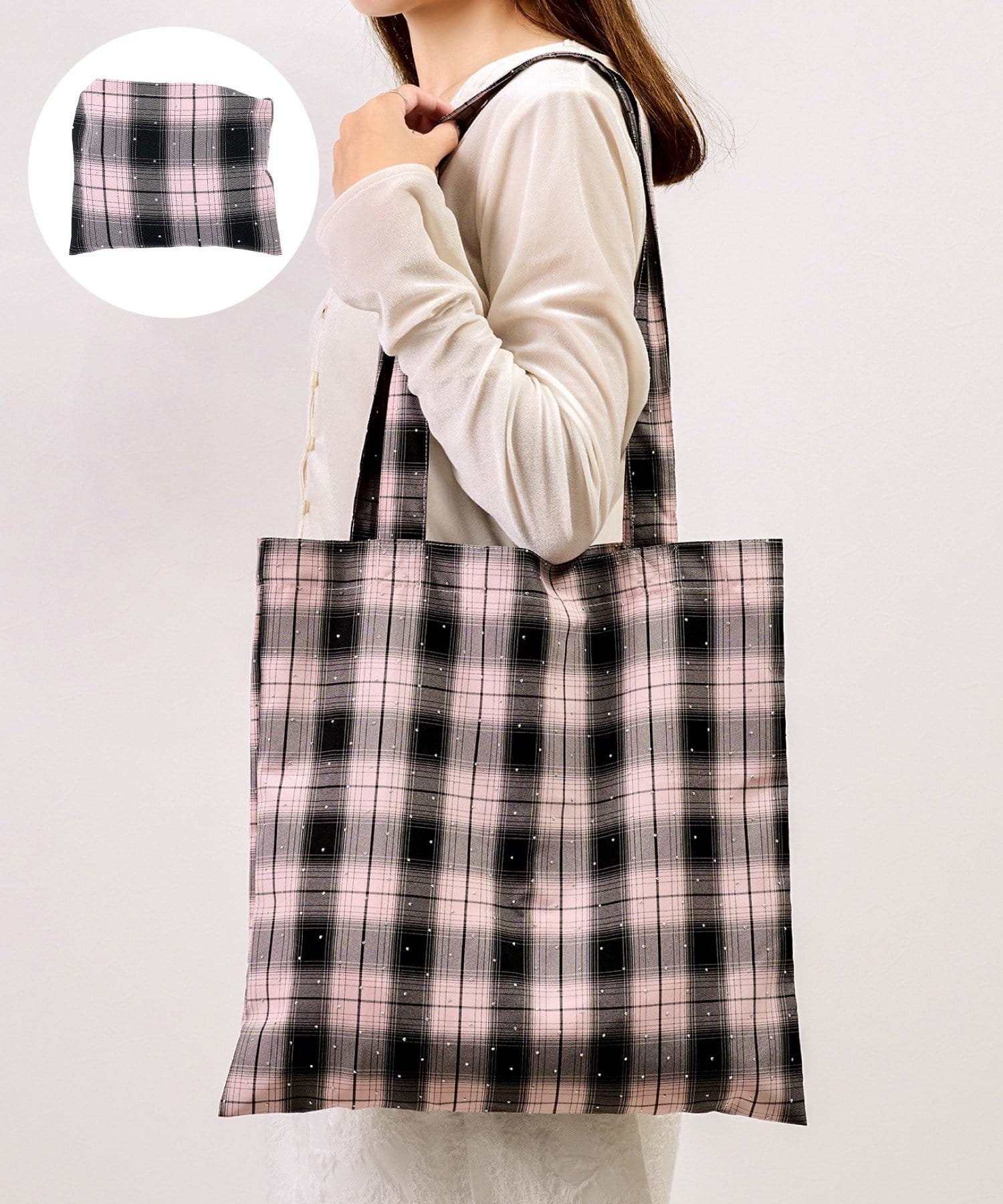 3COINS(スリーコインズ) ストーン付きチェックエコバッグ