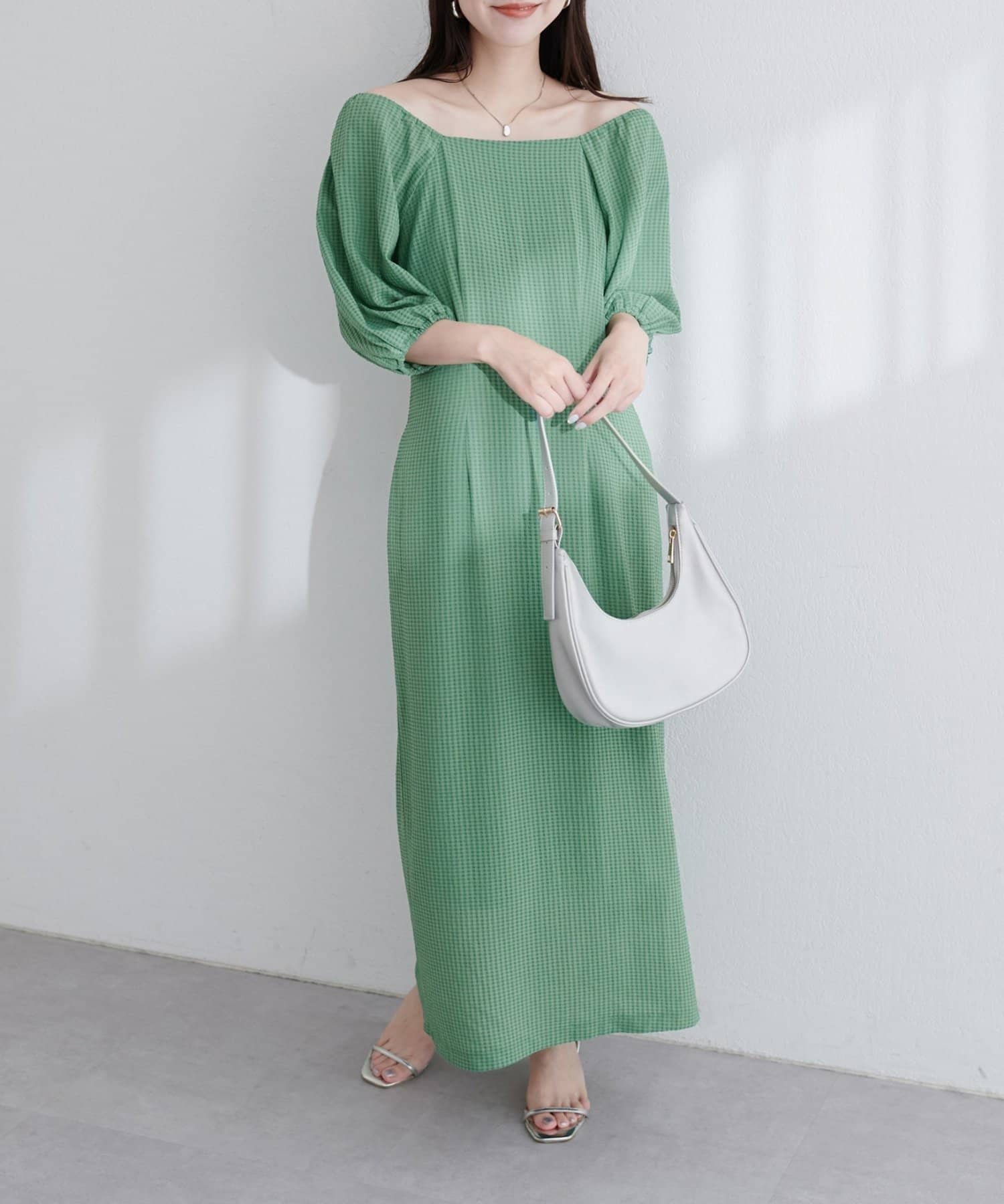 NICE CLAUP / OLIVE des OLIVE OUTLET(ナイスクラップ  / オリーブ デ オリーブ アウトレット) 【natural couture】ポコポコチェック袖ボリュームワンピース