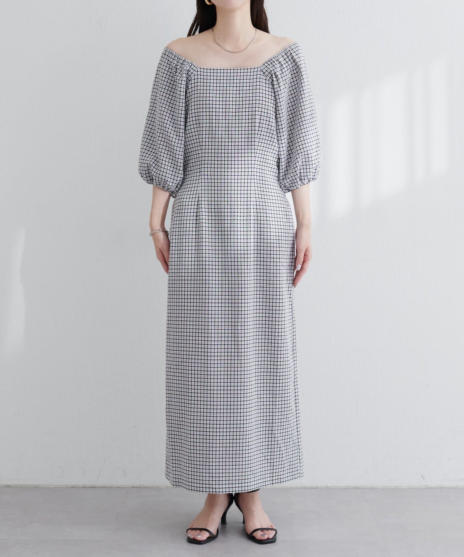 NICE CLAUP / OLIVE des OLIVE OUTLET(ナイスクラップ  / オリーブ デ オリーブ アウトレット) 【natural couture】ポコポコチェック袖ボリュームワンピース