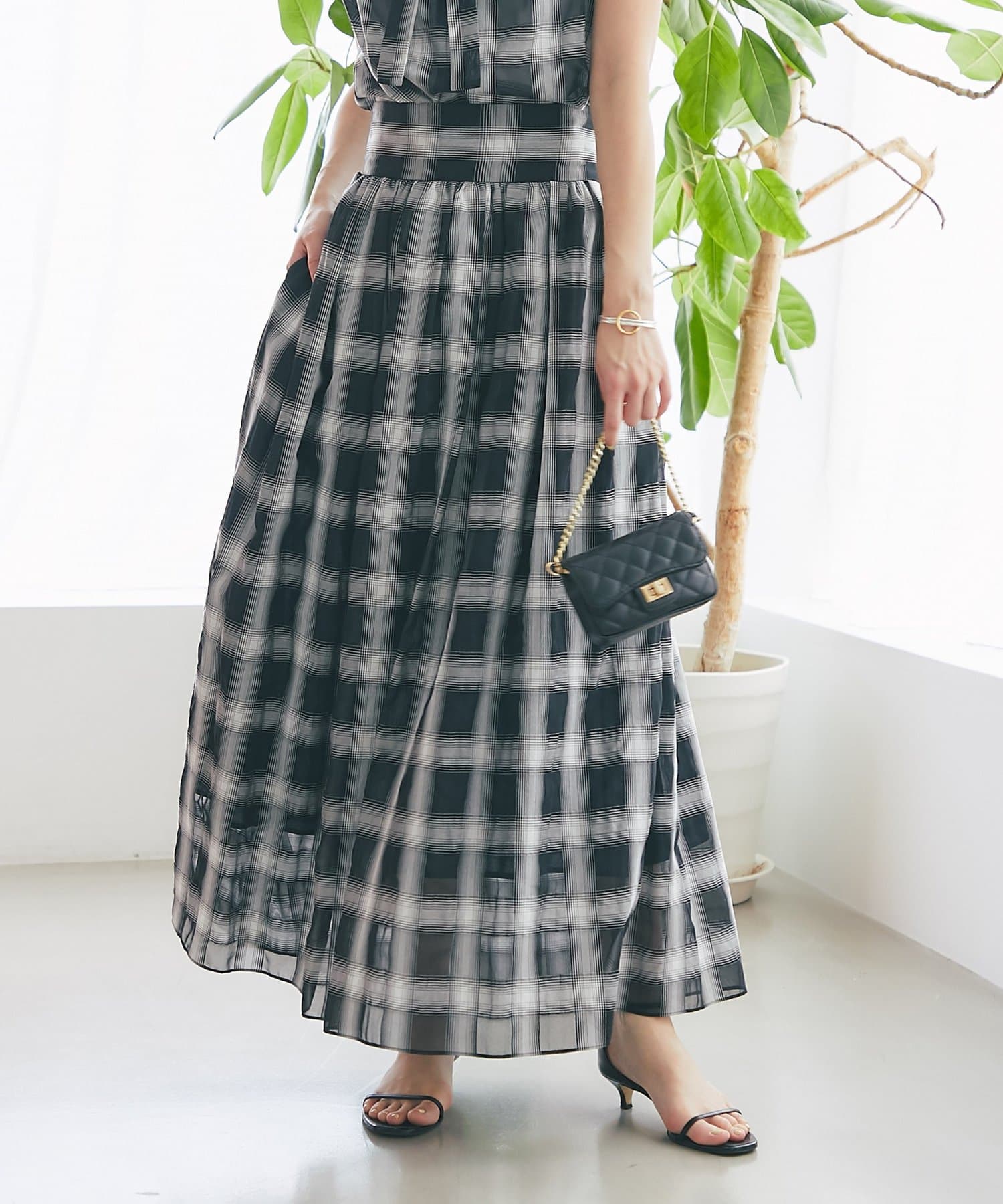 OUTLET(アウトレット) 【La boutique BonBon】シアーチェックギャザーロングスカート