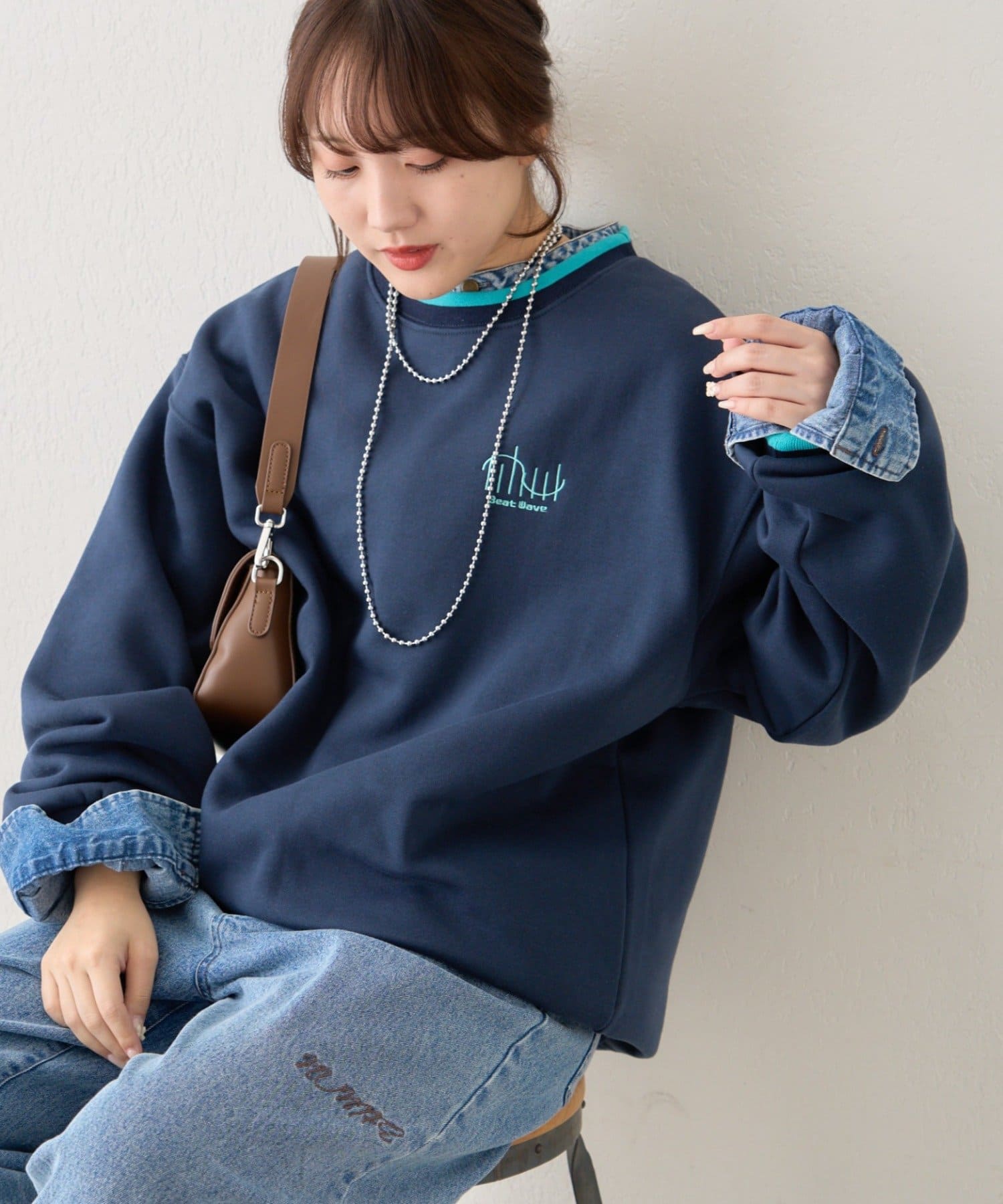 Remind me and forever(リマインドミーアンドフォーエバー) 【NUNIFE】ラインリブ胸刺繍スウェット【裏起毛】