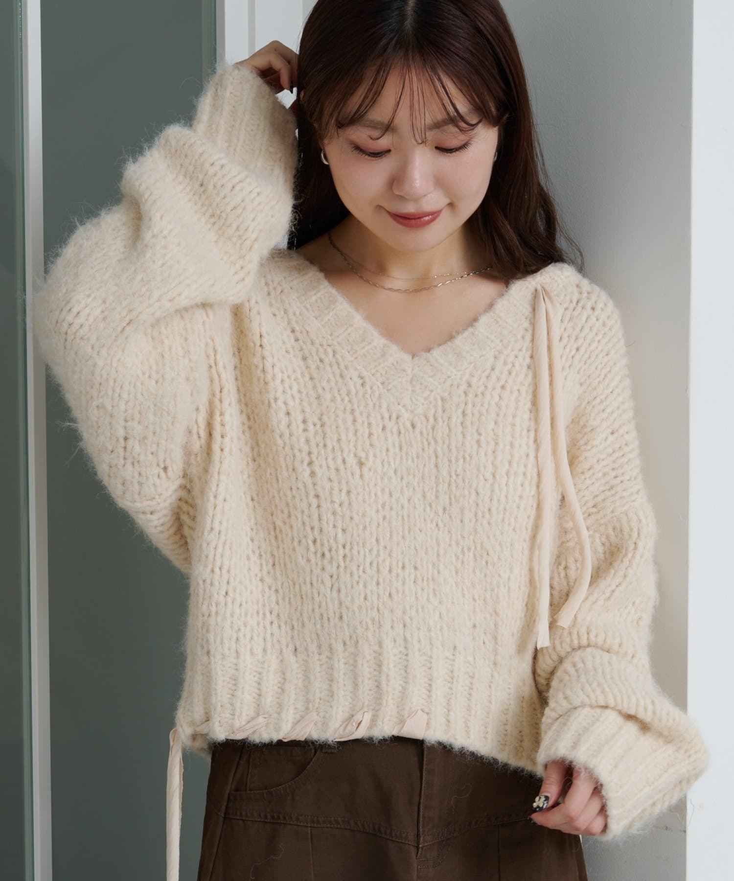 Kastane(カスタネ) 【11.13(木)〜SETFAIR KNITSET対象】リボンテープローゲージショートニット