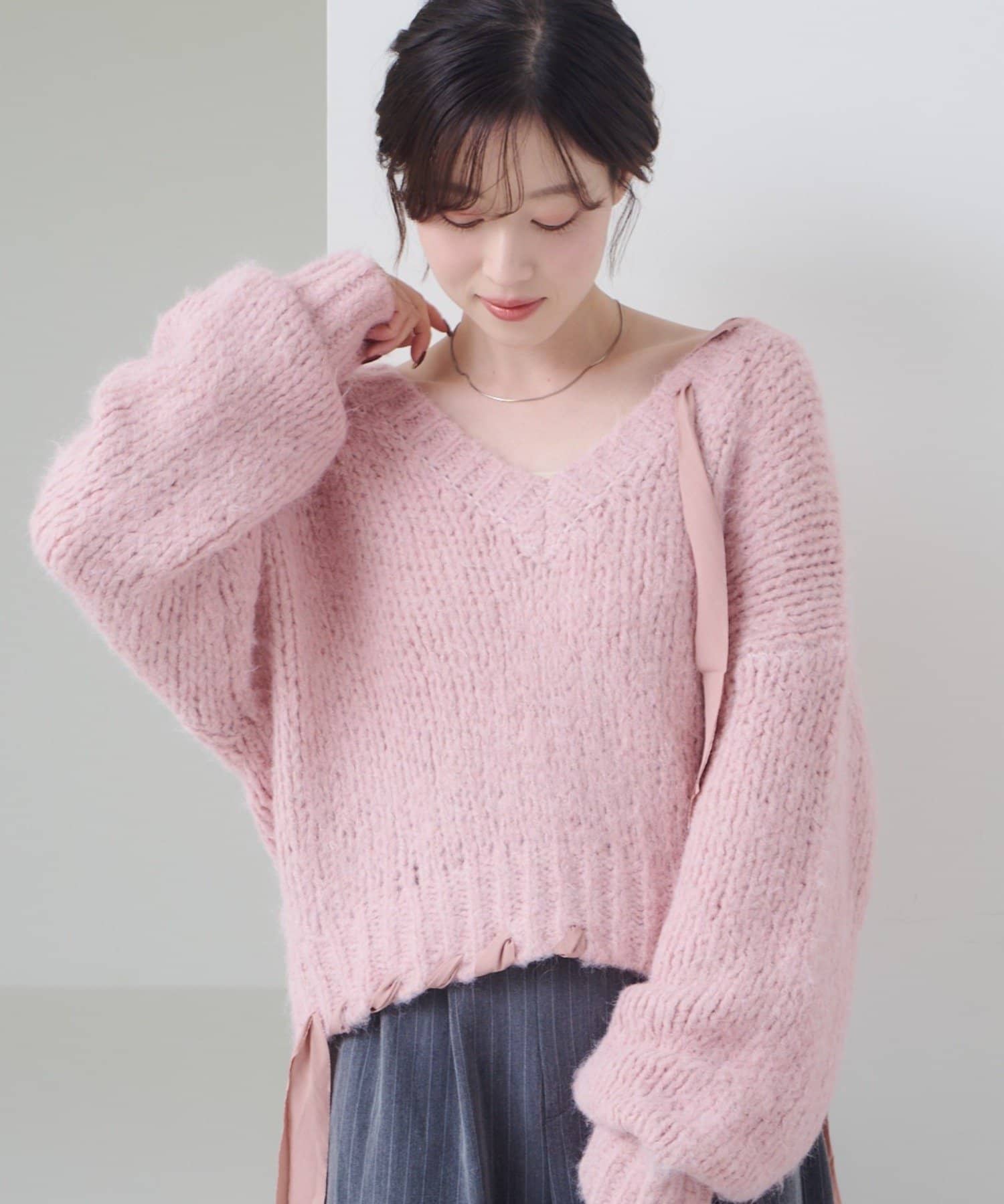 Kastane(カスタネ) 【11.13(木)〜SETFAIR KNITSET対象】リボンテープローゲージショートニット