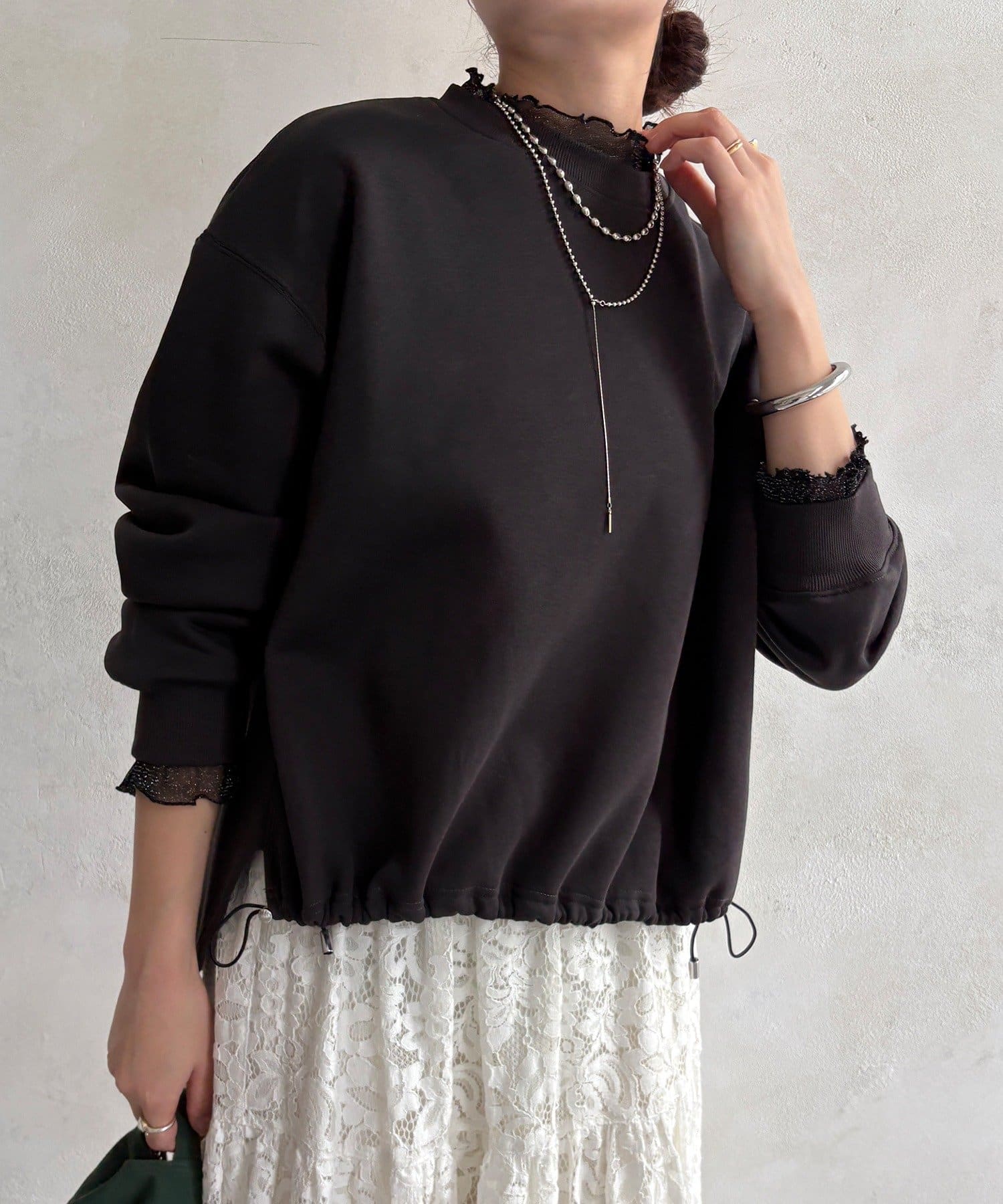 DOUDOU(ドゥドゥ) 【WEB限定】シアーレイヤード刺繍裏起毛トップス