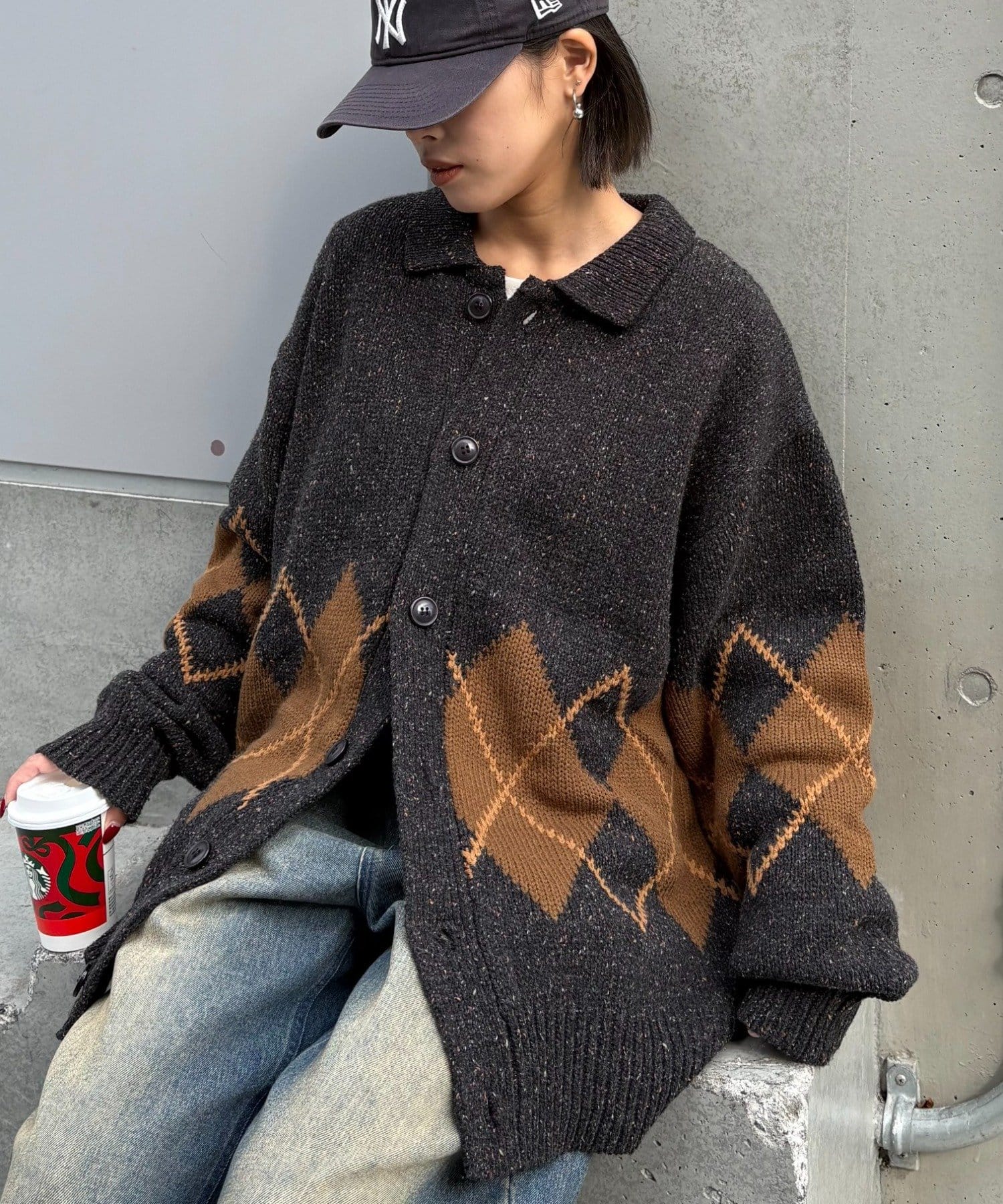 CIAOPANIC TYPY(チャオパニックティピー) 【UNISEX】アーガイル襟ネップニットカーディガン