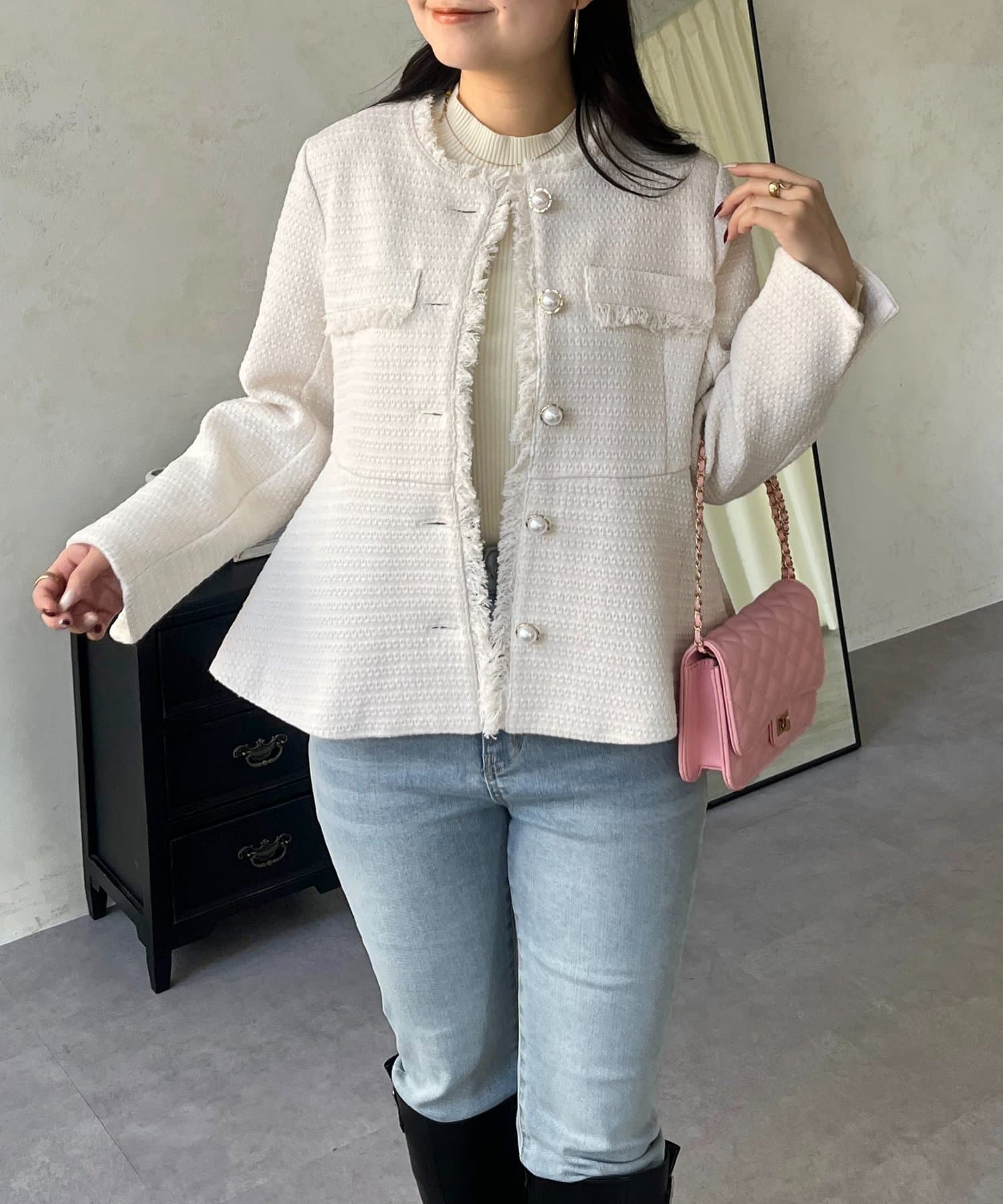 prose verse(プロズヴェール) パールボタンペプラムツイードジャケット