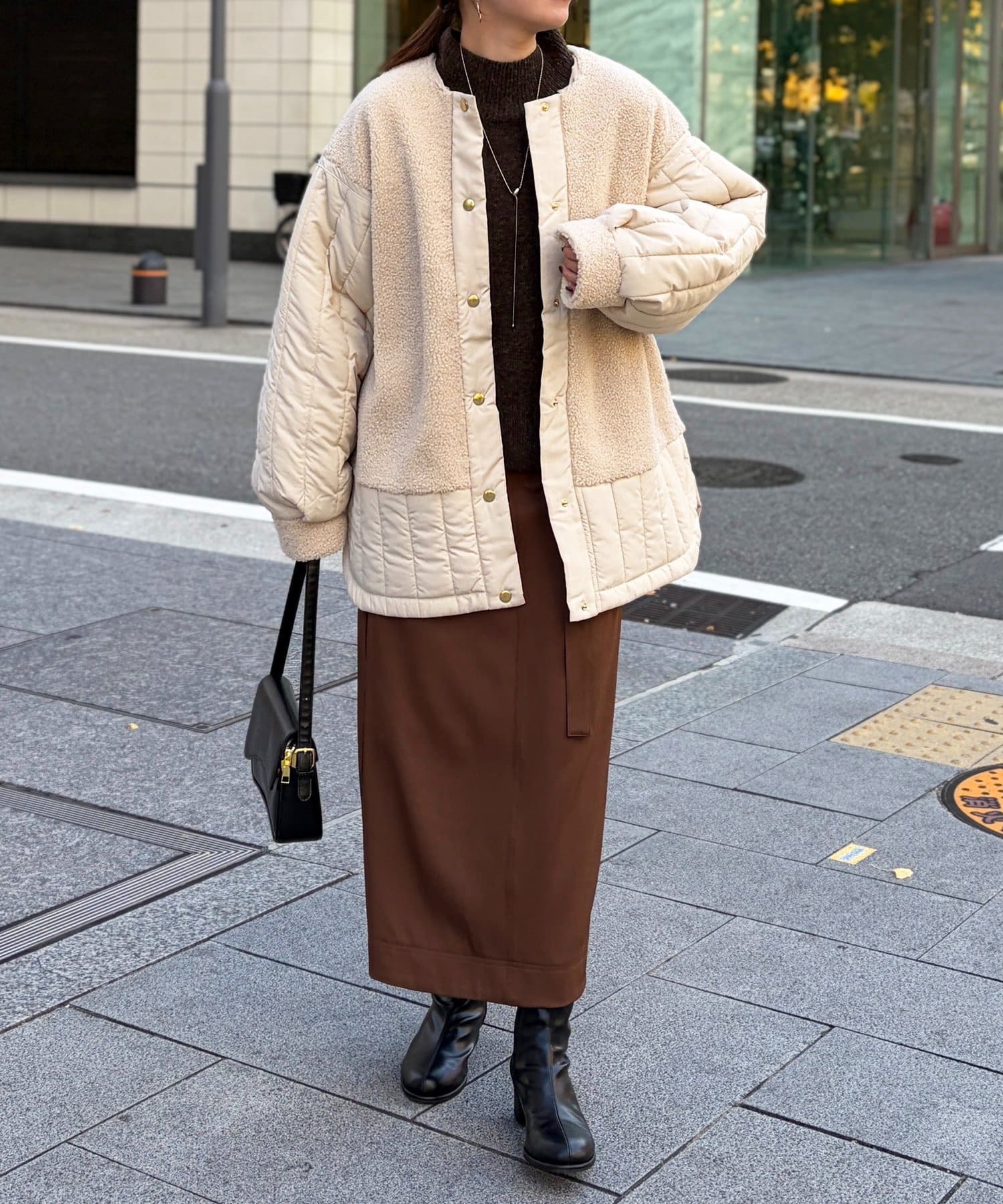 Chez toi(シェトワ) ボア×ストライプキルティングコート