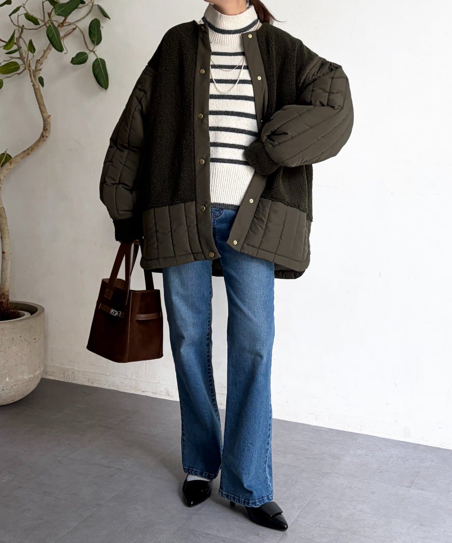 Chez toi(シェトワ) ボア×ストライプキルティングコート