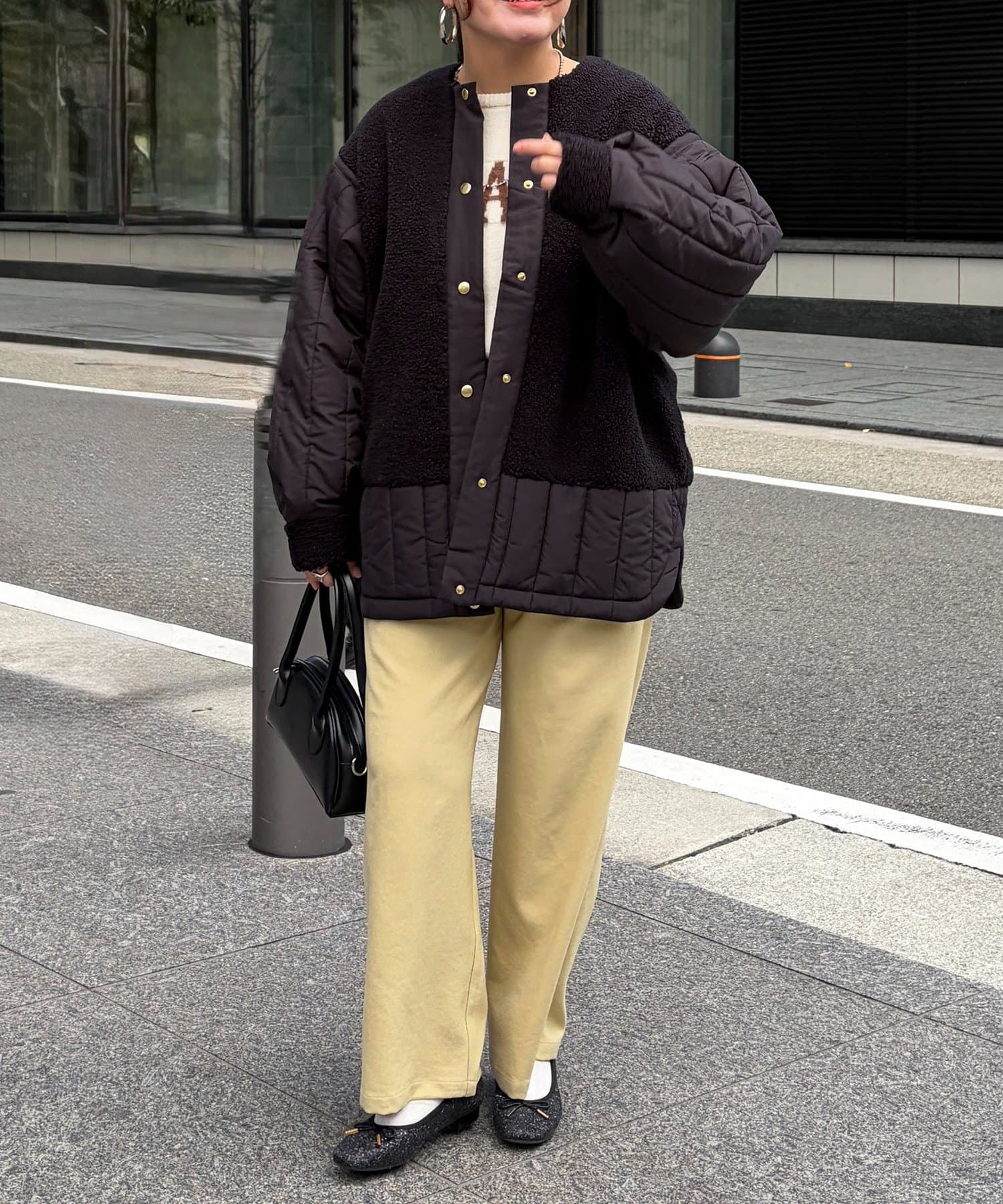 Chez toi(シェトワ) ボア×ストライプキルティングコート