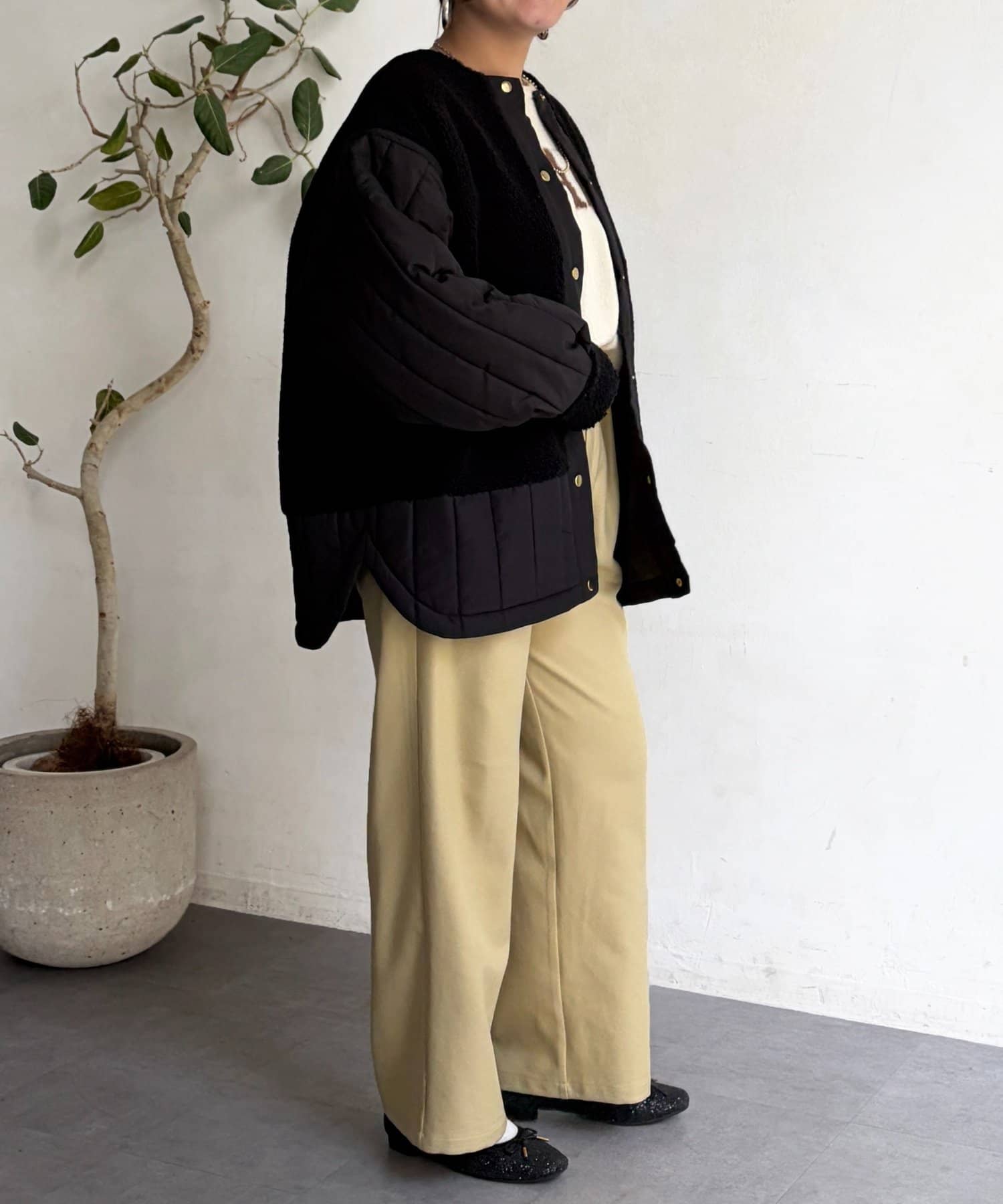 Chez toi(シェトワ) ボア×ストライプキルティングコート