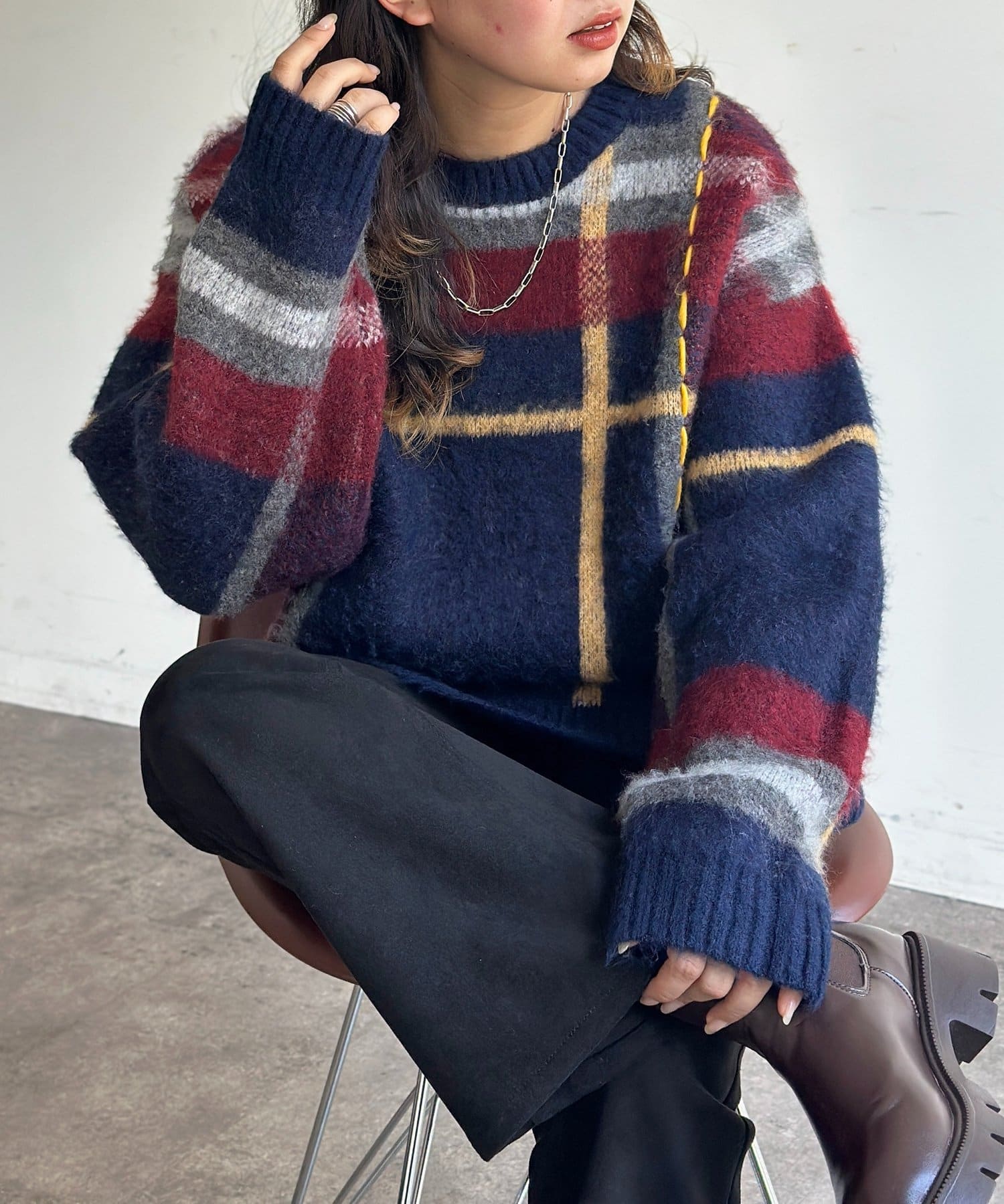 CPCM(シーピーシーエム) チェックシャギーステッチニット