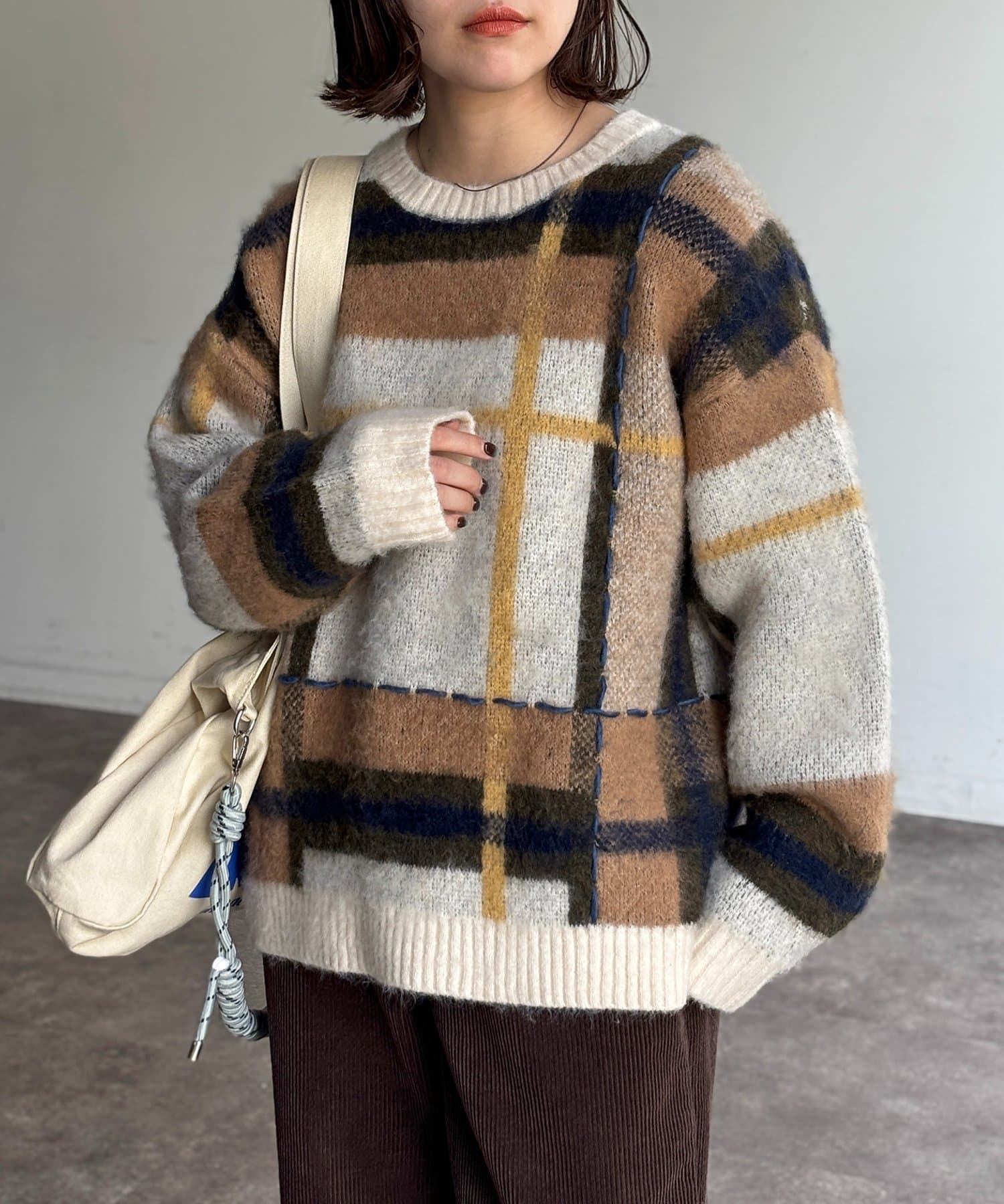 CPCM(シーピーシーエム) チェックシャギーステッチニット