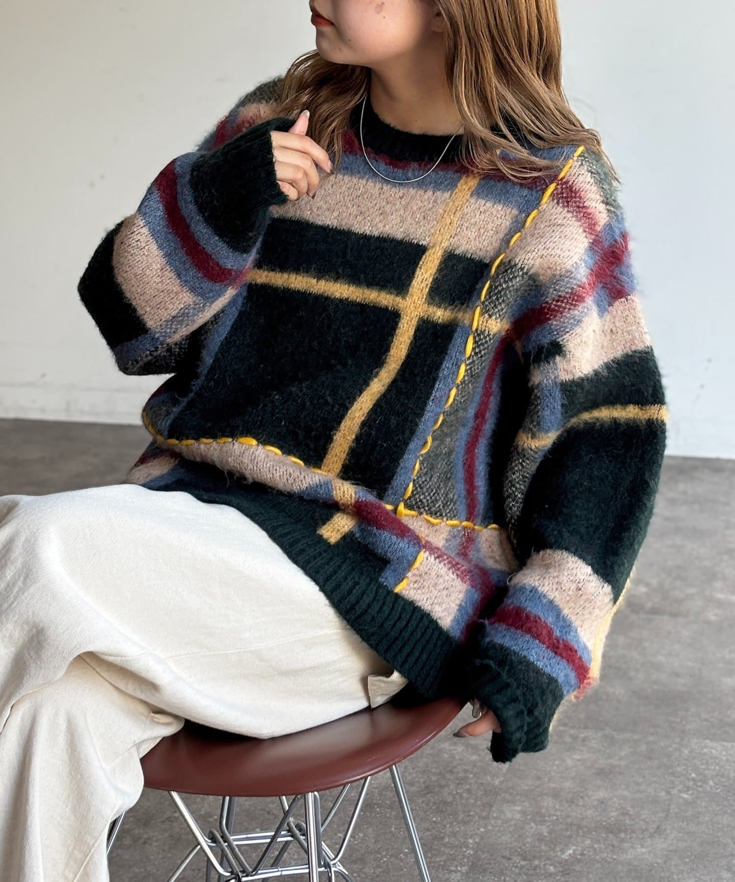 CPCM(シーピーシーエム) チェックシャギーステッチニット