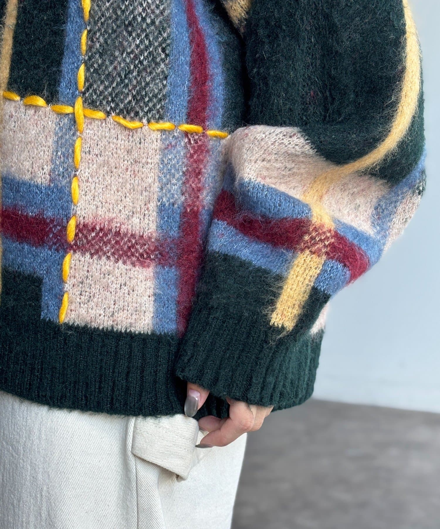 CPCM(シーピーシーエム) チェックシャギーステッチニット