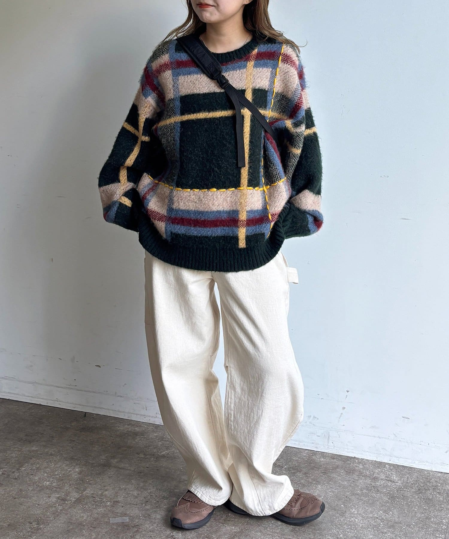 CPCM(シーピーシーエム) チェックシャギーステッチニット