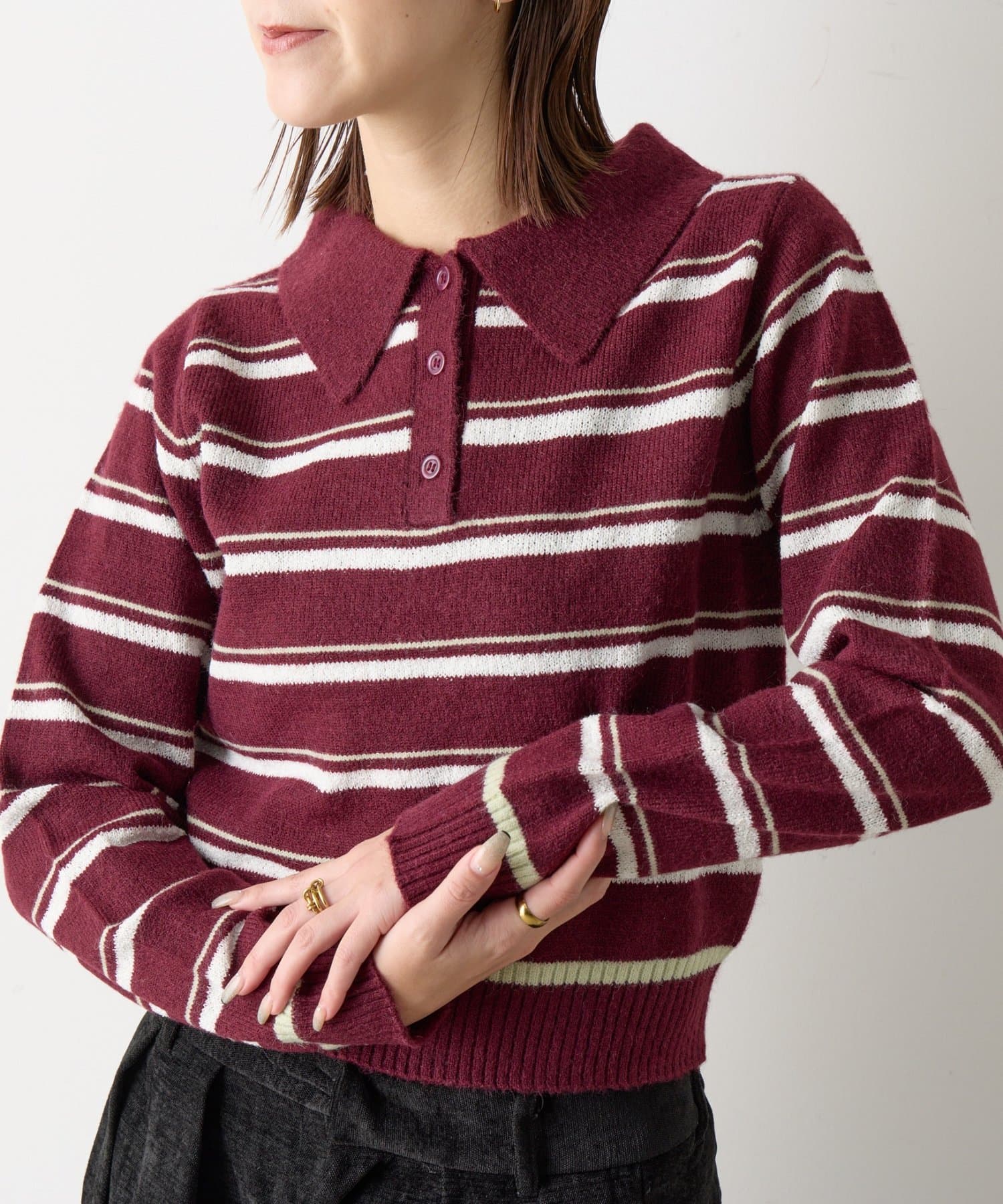 -goocy-(グーシー) 【着映えアイテム！】アルパカタッチボーダーポロニット