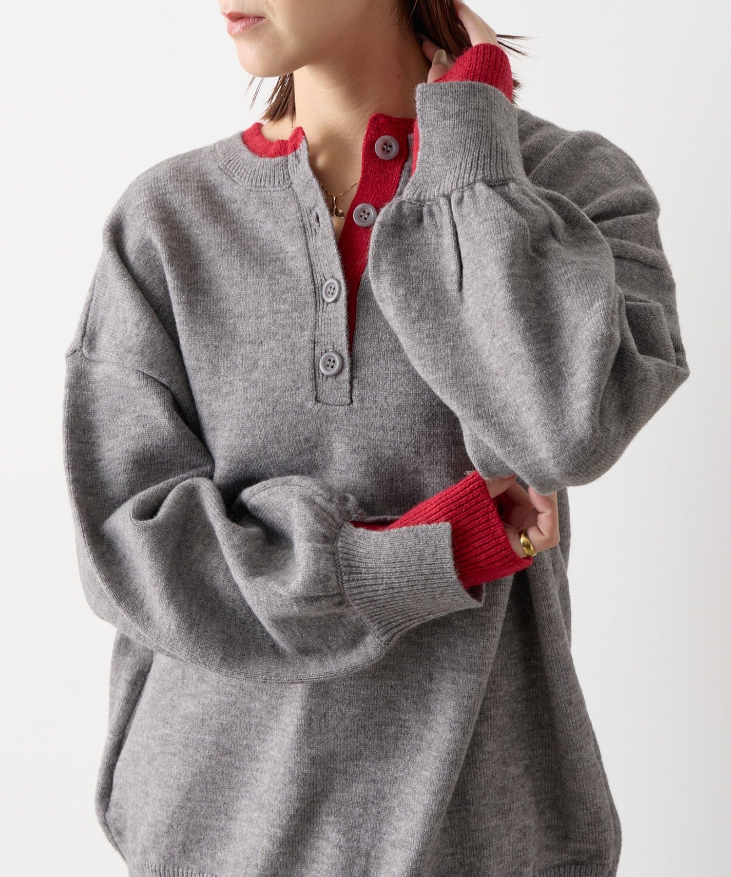 -goocy-(グーシー) 【一枚でオシャレ見え】レイヤードライクヘンリーネックプルオーバー